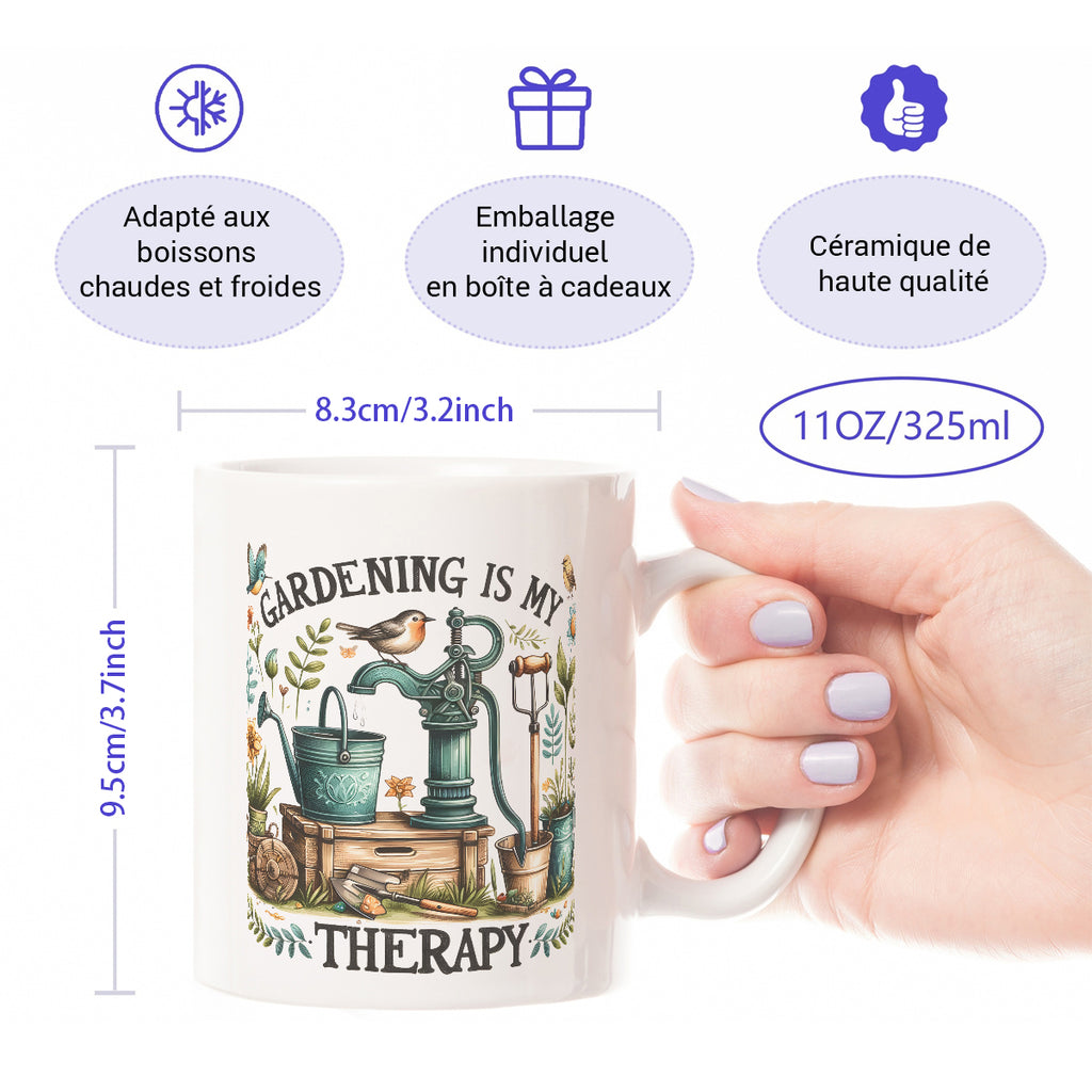 Alphynix Mug en céramique blanc 1 pièce 11 oz avec arrosoir, pelle et fleurs épanouies avec oiseau