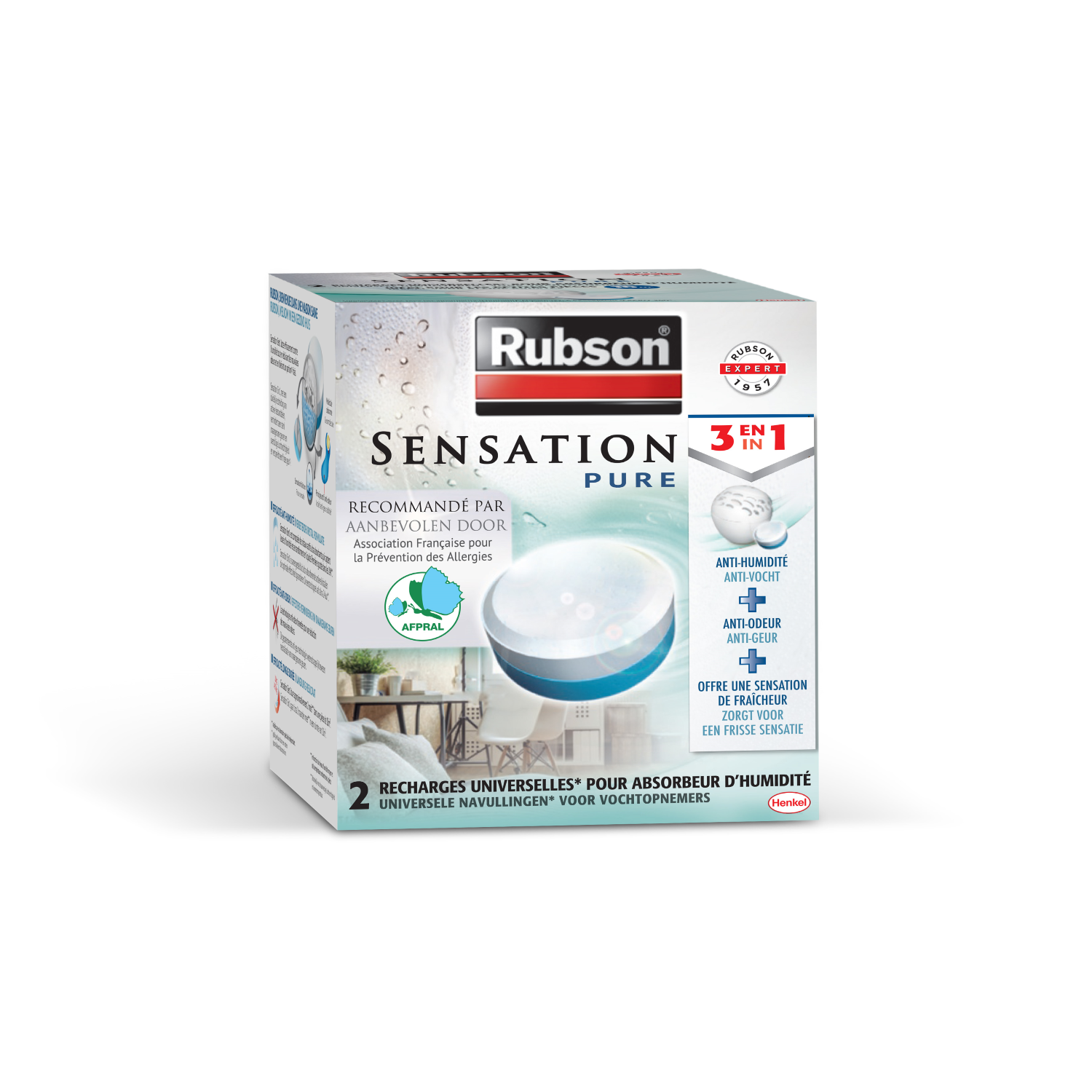 Rubson | Recharges Universelles Absorbeur d'Humidité Sensation Pure Parfum Neutre (2 x 300 g) – Recharges 3 en 1 anti-humidité, anti-odeur et sensation de fraîcheur