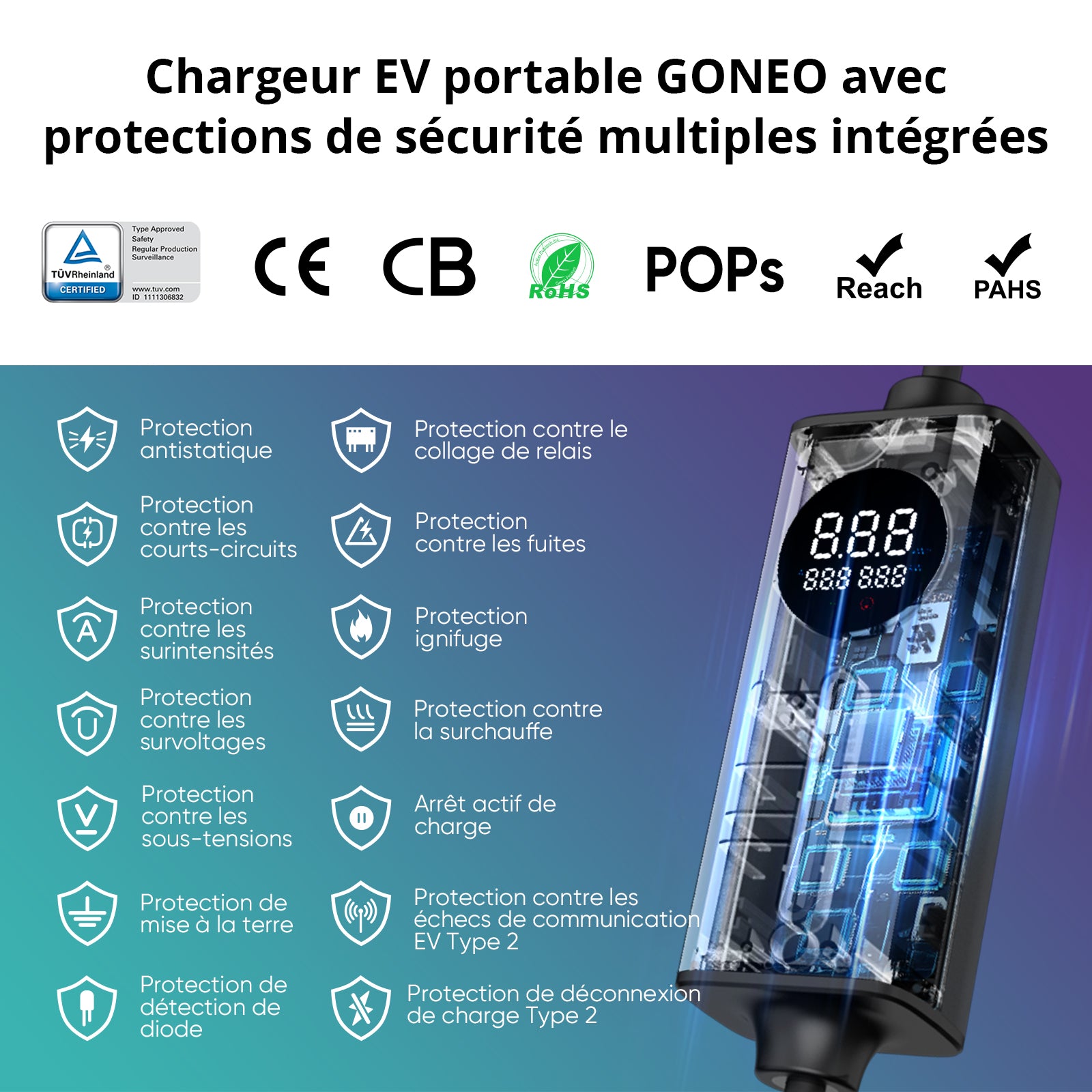 GONEO Type 2 Chargeur EV portable fiche Schuko 16A 3.68kW avec protection RCD 30mA+6mA DC, minuterie et économie d’énergie, sécurité totale, Plug & Play