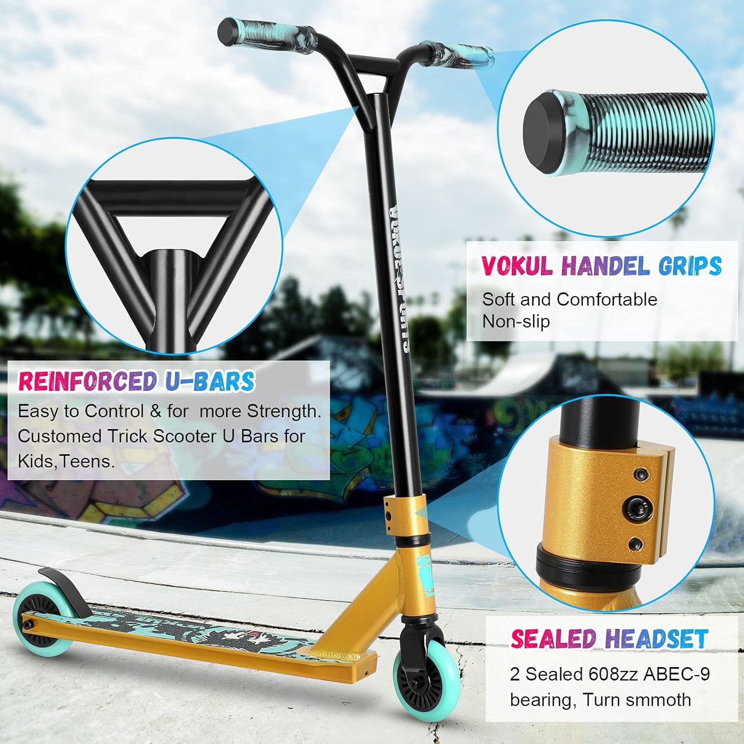 VOKUL S2 Pro Trottinette freestyle BMX pour enfants dès 6 ans de niveau débutant en aluminium