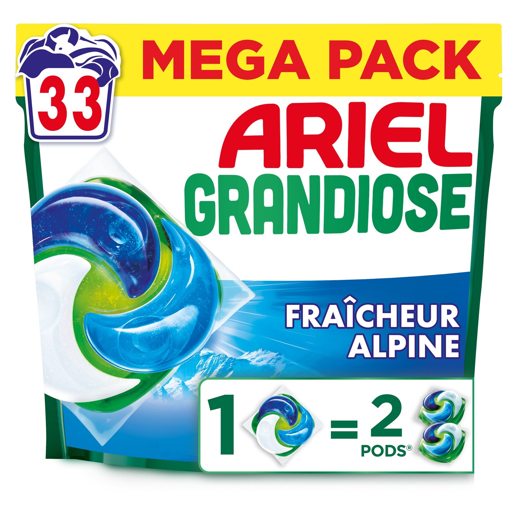 Ariel PODS Grandiose Fraîcheur Alpine, Lessive en capsule, 33 lavages, Fabriqué en France