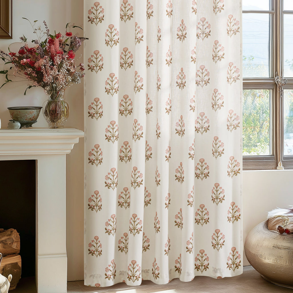 PONY DANCE Rideaux floraux à œillets arrière et poche pour tringle, rideaux de fenêtre imprimé botanique style maison de campagne pour salon chambre, 2 panneaux, l 132 x L 245 cm, rose mandarine