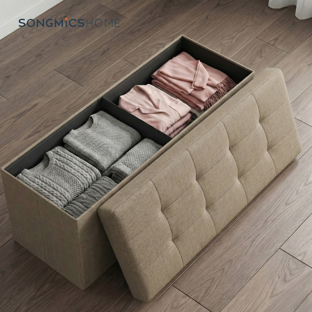 JOYFURNOS Pouf de rangement pliable – Marron Camel, 38 x 110 x 38 cm, repose-pieds avec bo?te de rangement, charge max 300 kg – idéal pour salon, chambre ou couloir