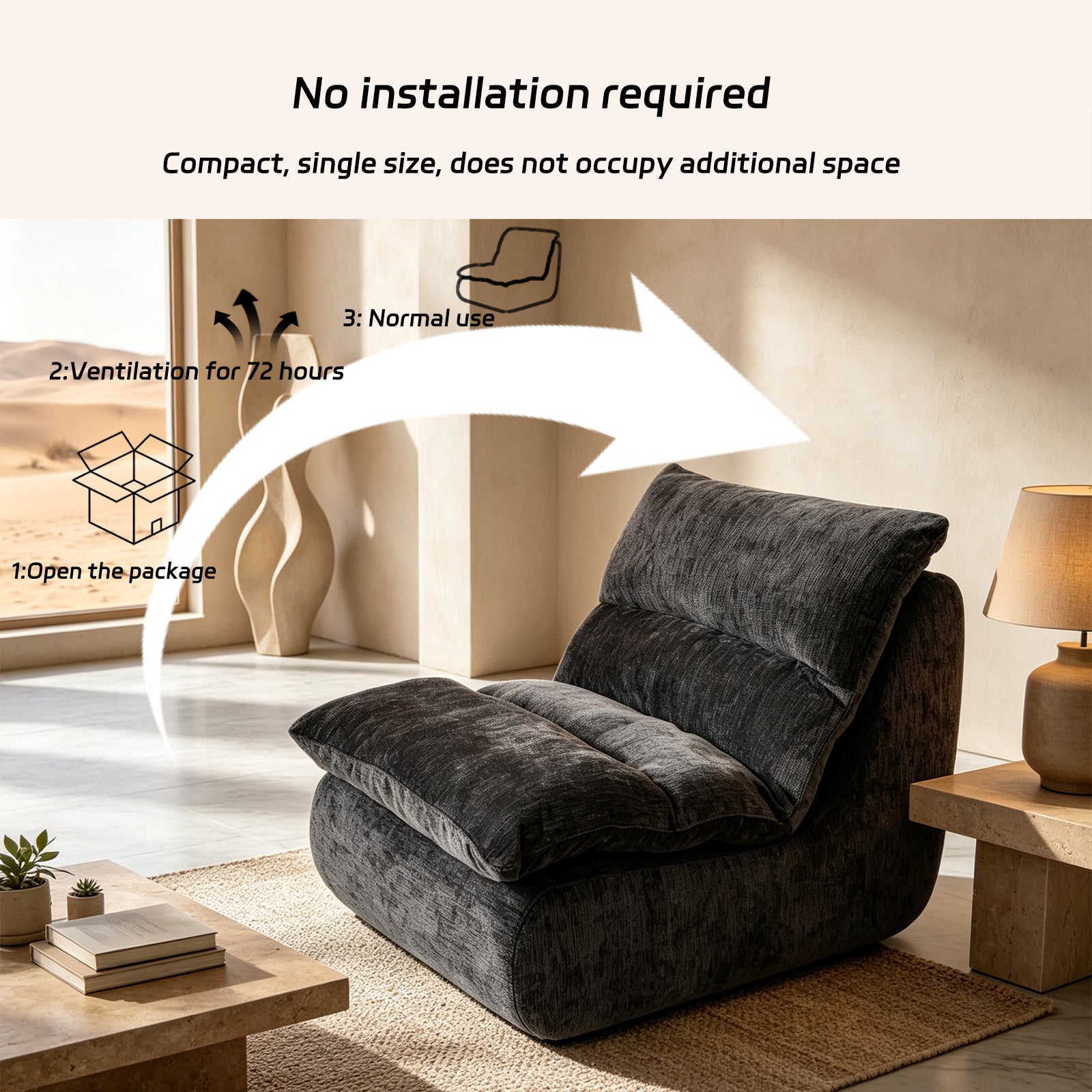 Un fauteuil à mémoire de forme haute densité, chaise de salon confortable en velours chenille, chaise de lecture détendue, pour salon, chambre, salle de jeux, noir
