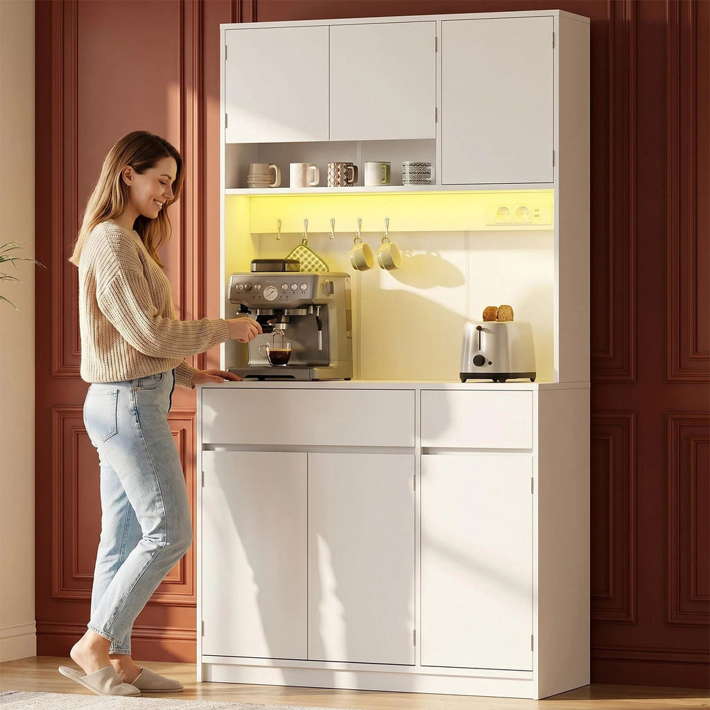 HaluPeit Meuble de cuisine, Buffet, Commode de cuisine avec prises et bandes lumineuses LED, avec plans de travail et 2 tiroirs, étagères réglables, cuisine, 40 x 100 x 180 cm, blanc