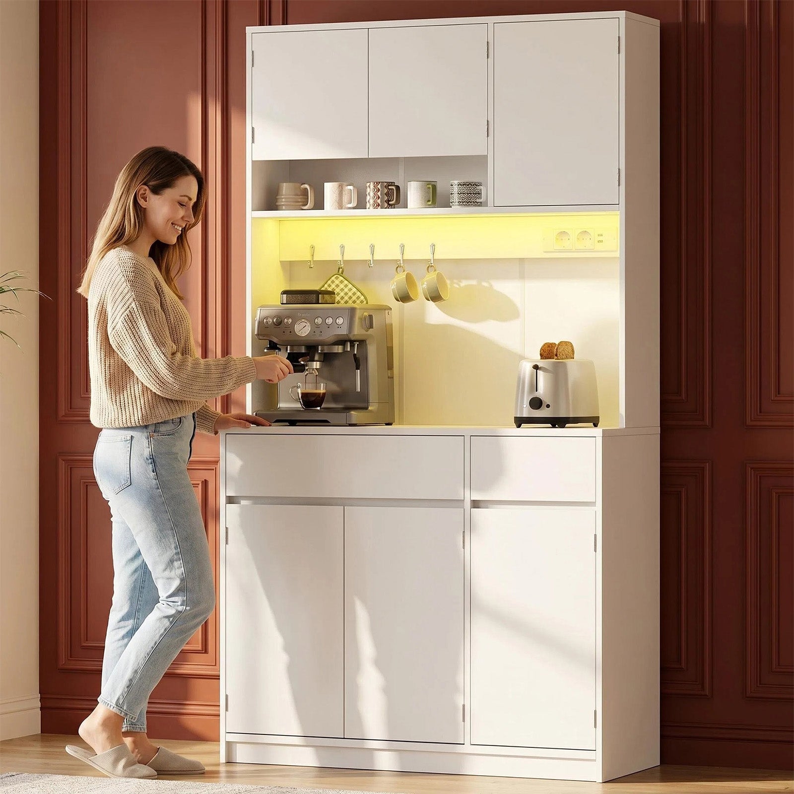 HaluPeit Meuble de cuisine, Buffet, Commode de cuisine avec prises et bandes lumineuses LED, avec plans de travail et 2 tiroirs, étagères réglables, cuisine, 40 x 100 x 180 cm, blanc