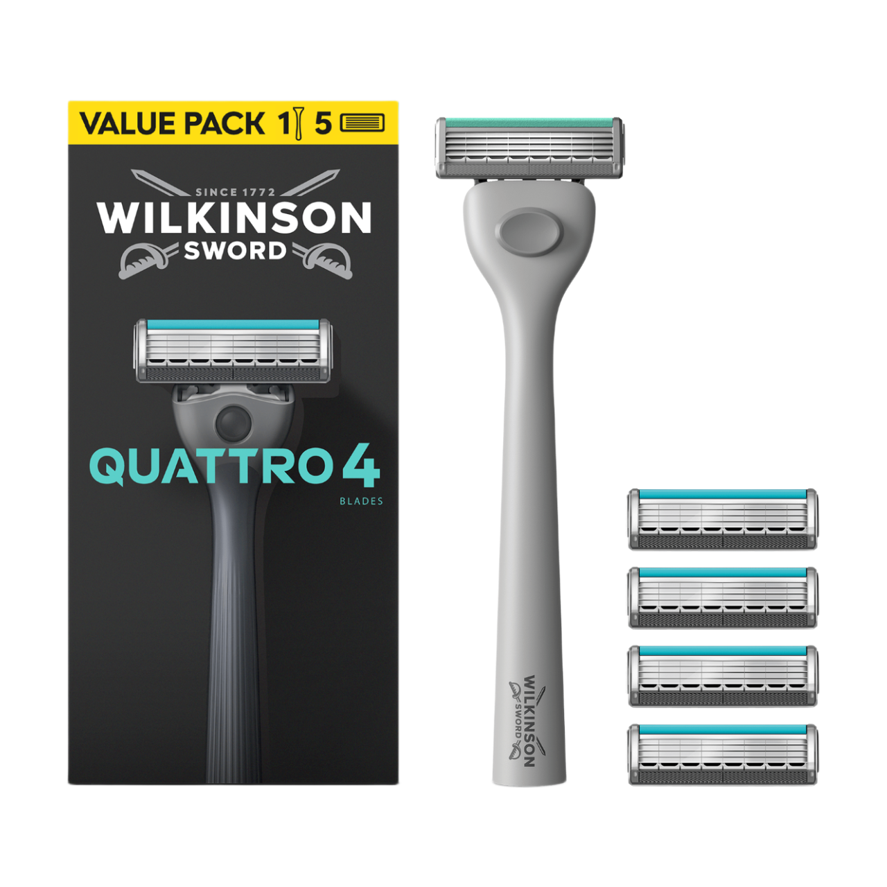 WILKINSON SWORD Quattro - Rasoir Pour Homme - 1 Manche + 5 Recharges