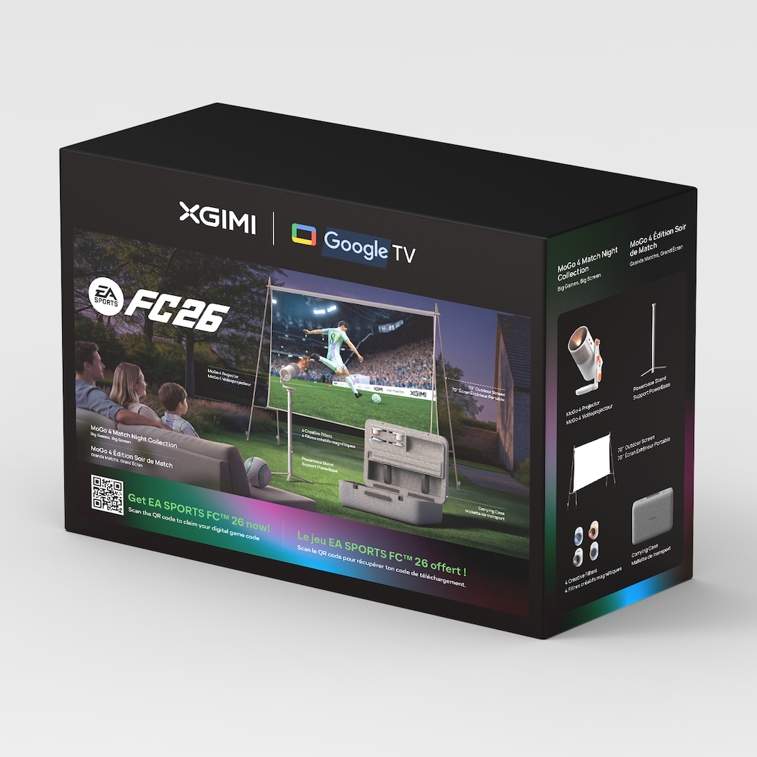 XGIMI Mogo 4 Match Night Collection EU Ensemble de Projecteur Portable — Inclut le Code de Jeu EA SPORTS FC 26, Google TV, 1080P, 450 Lumens ISO, Audio Harman Kardon, Batterie 2,5 h
