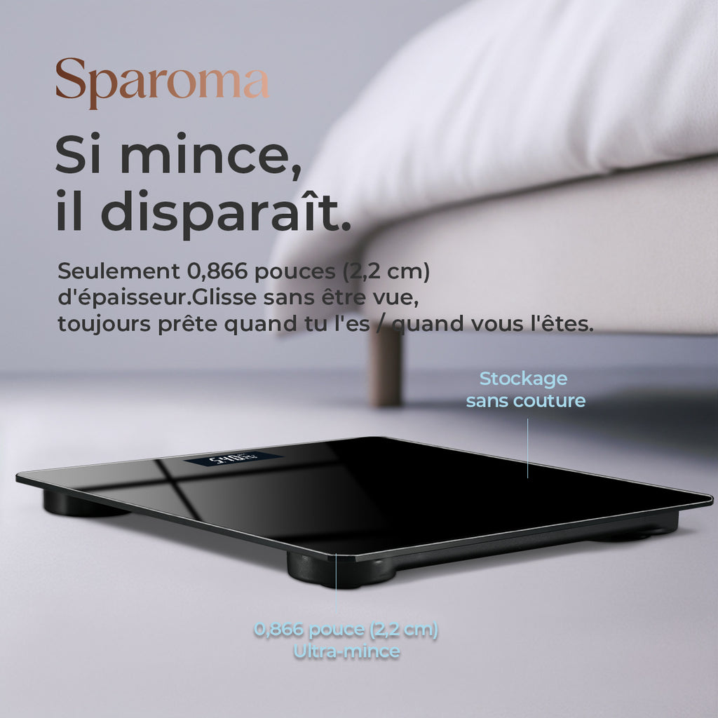 Sparoma Pèse-personne numérique noir AD-26 – Fonctionnant sur piles (2 × AAA, piles non incluses), capacité 180 kg/400 lb, précision 0,05 kg, verre trempé 4 mm, écran LCD, pour salle de bain, chambre et usage domestique