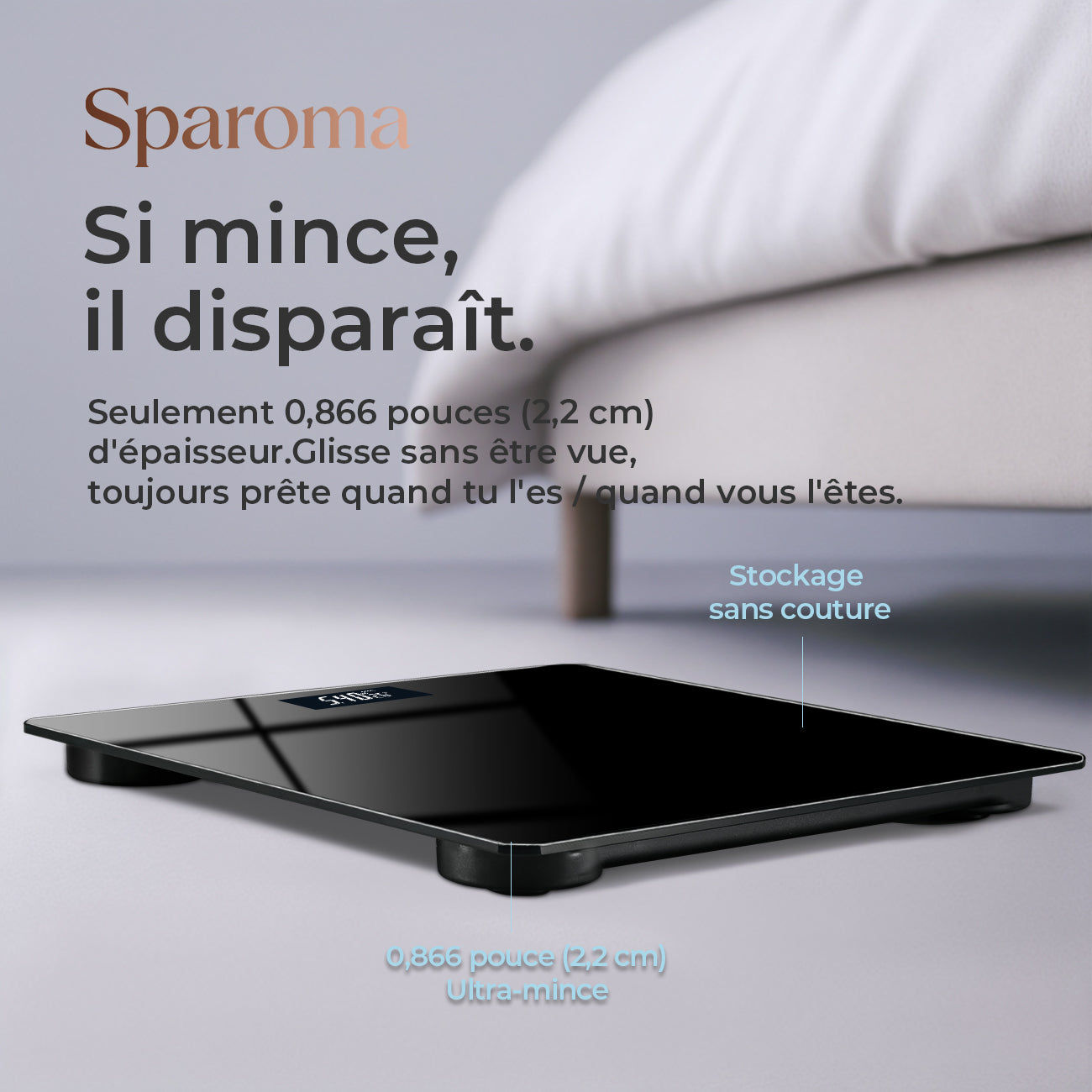 Sparoma Pèse-personne numérique noir AD-26 – Fonctionnant sur piles (2 × AAA, piles non incluses), capacité 180 kg/400 lb, précision 0,05 kg, verre trempé 4 mm, écran LCD, pour salle de bain, chambre et usage domestique