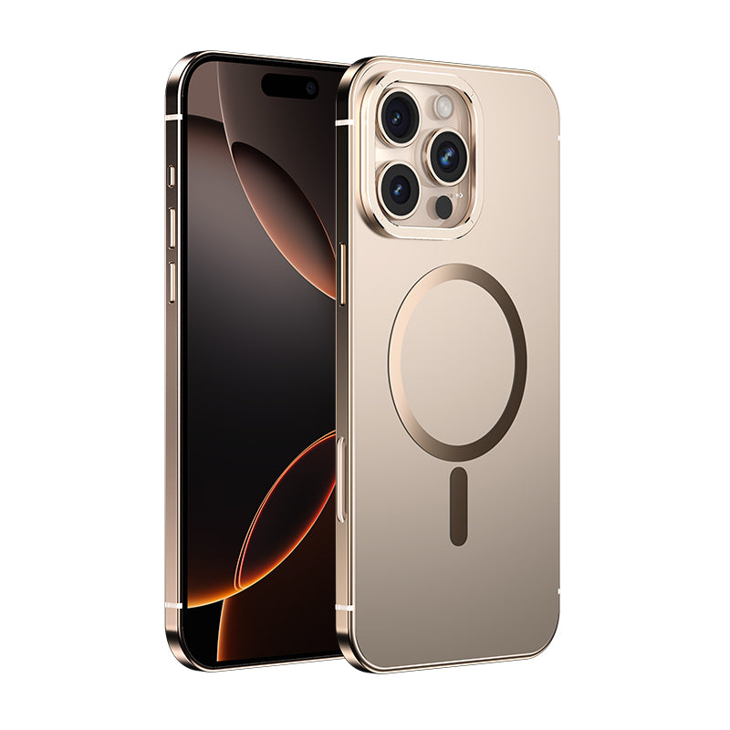 Coque pour iPhone 16 Pro, cadre en alliage, protection antichoc en métal, couleur d’origine, anneau magnétique MagSafe, or désert, 1 pièce