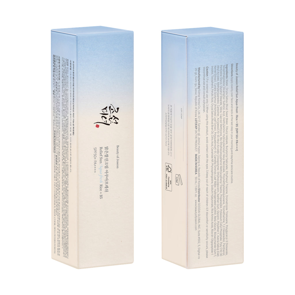 Beauty Of Joseon Sun Relief Aqua-Fresh Crème solaire au riz et vitamine B5, SPF 50+ - 50 ml