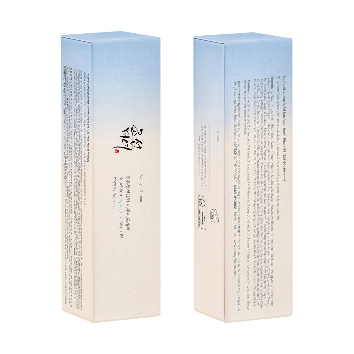 Beauty Of Joseon Sun Relief Aqua-Fresh Crème solaire au riz et vitamine B5, SPF 50+ - 50 ml