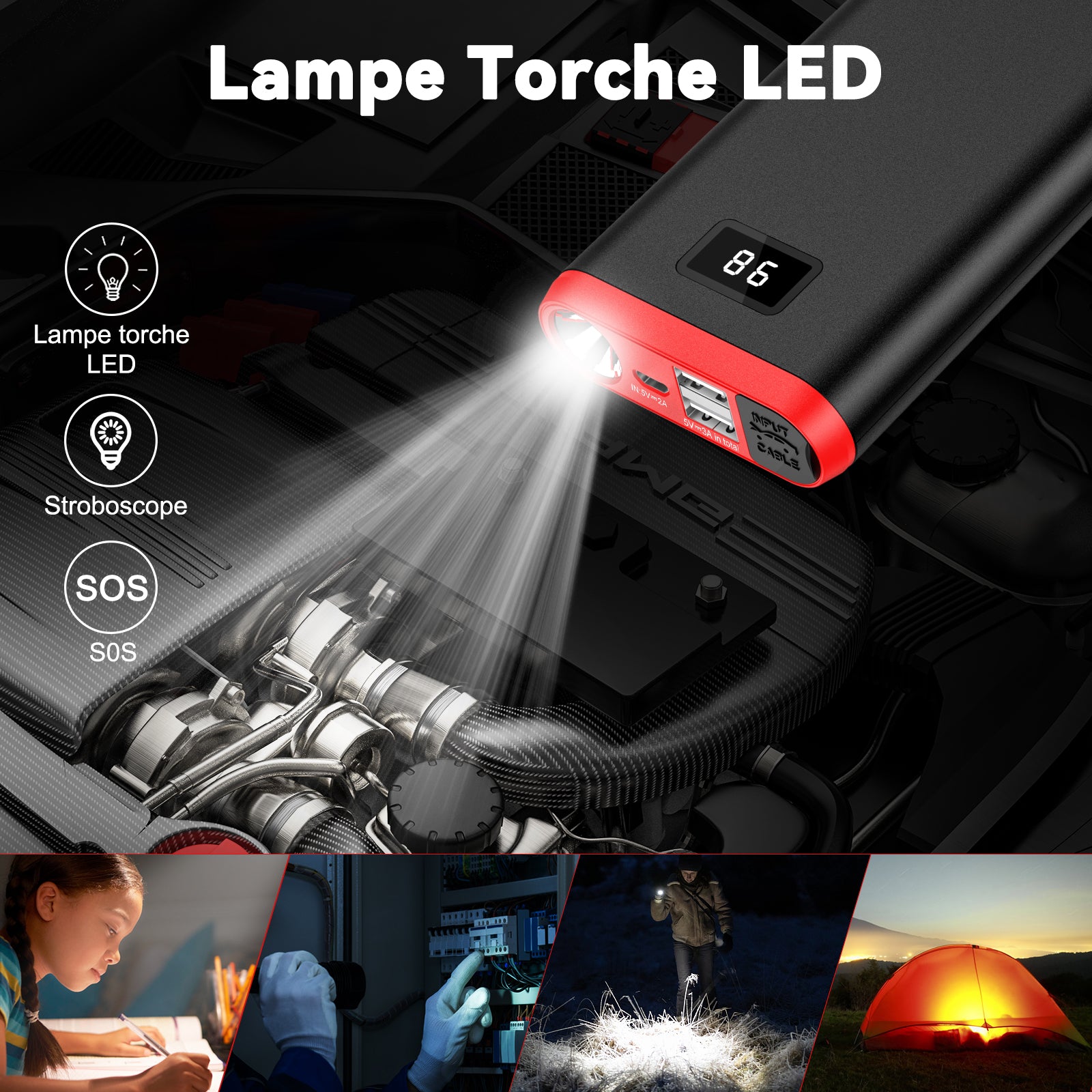 GREPRO Booster de Batterie 4000A, Démarreur de Voiture d’Urgence pour Véhicules 12V et Motos (jusqu’à 7,0L Essence / 5,0L Diesel), avec Écran LCD, Lampe Torche LED et Sac de Transport