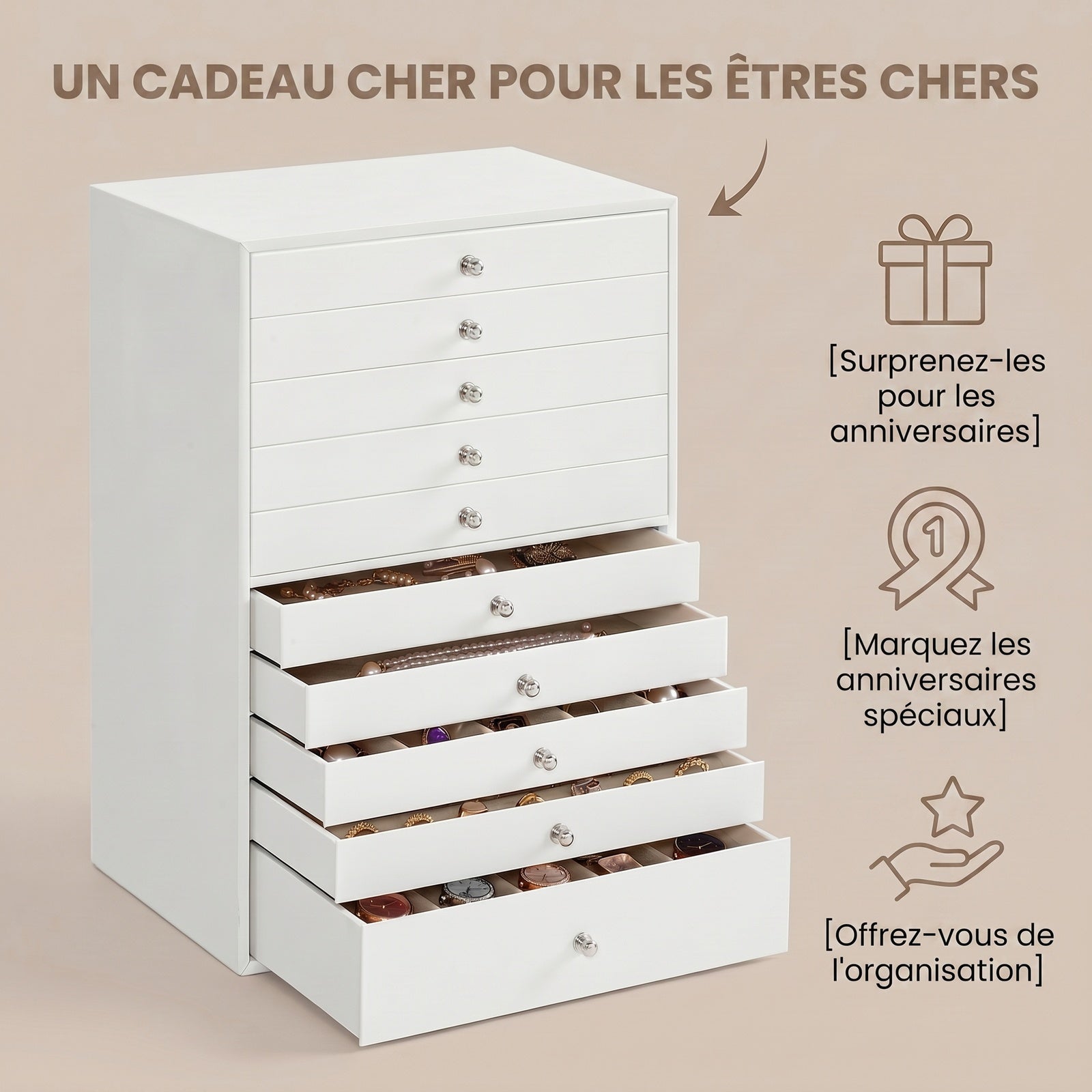 JOYFURNOS Organisateur de bijoux avec tiroirs, grande boîte de rangement, idée cadeau moderne pour chambre, 10 niveaux, blanc