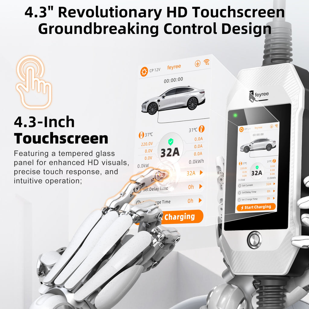 feyree Chargeur de voiture électrique portable avec écran tactile 4,3 pouces, Type 2, 7 kW, 32 A, réglable avec adaptateur, contrôle Wi-Fi via application intelligente pour voiture électrique