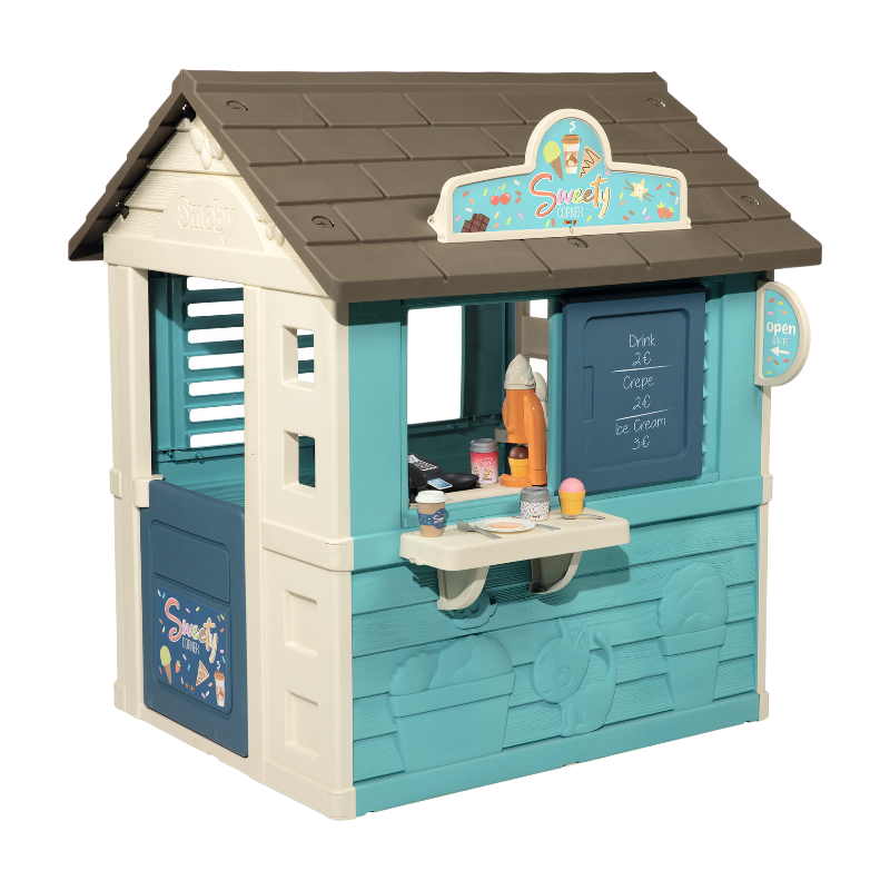 Smoby - Maisonnette de jardin Sweety Corner - Maisonnette de jardin pour enfants - Thème des snacks - Machine à glaces - 18 accessoires - Matériaux recyclés - Dès 2 ans - Fabriqué en France
