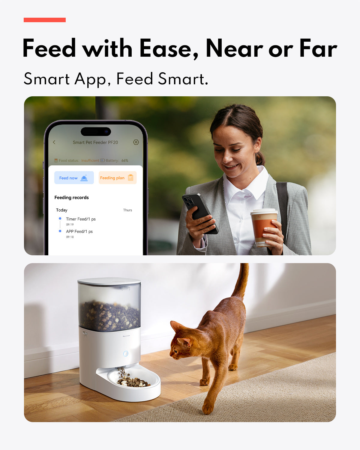 Homerunpet Distributeur automatique de nourriture pour animaux - Bol en acier inoxydable 304 - Contrôlé par application - Autonomie de batterie 6 mois - Triple verrouillage fraîcheur - Capacité 4 L