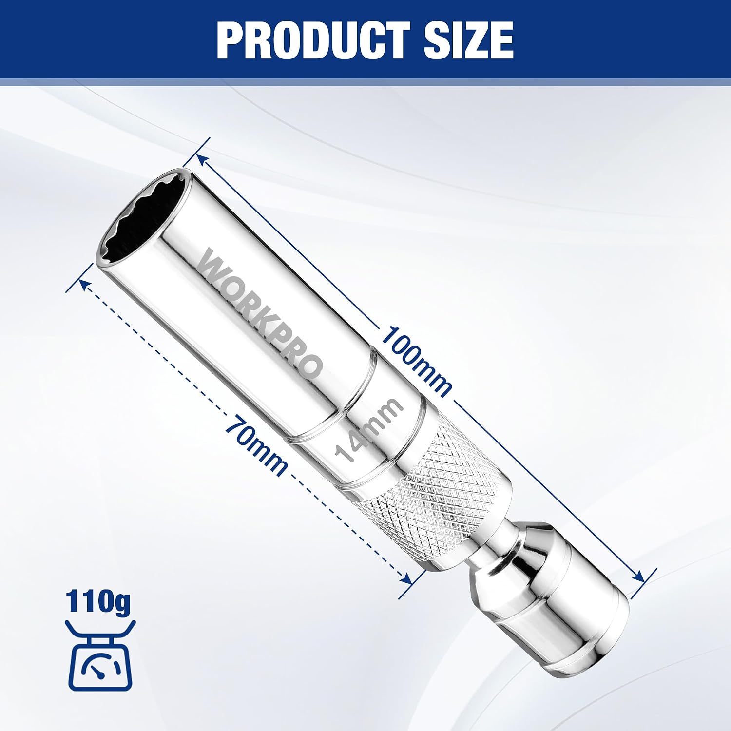 WORKPRO 14 mm Douille magnétique pour bougie d'allumage, 3/8" de couple x 100 mm acier Cr-V trempé, Forte fixation magnétique, Conception pivotante à 360°