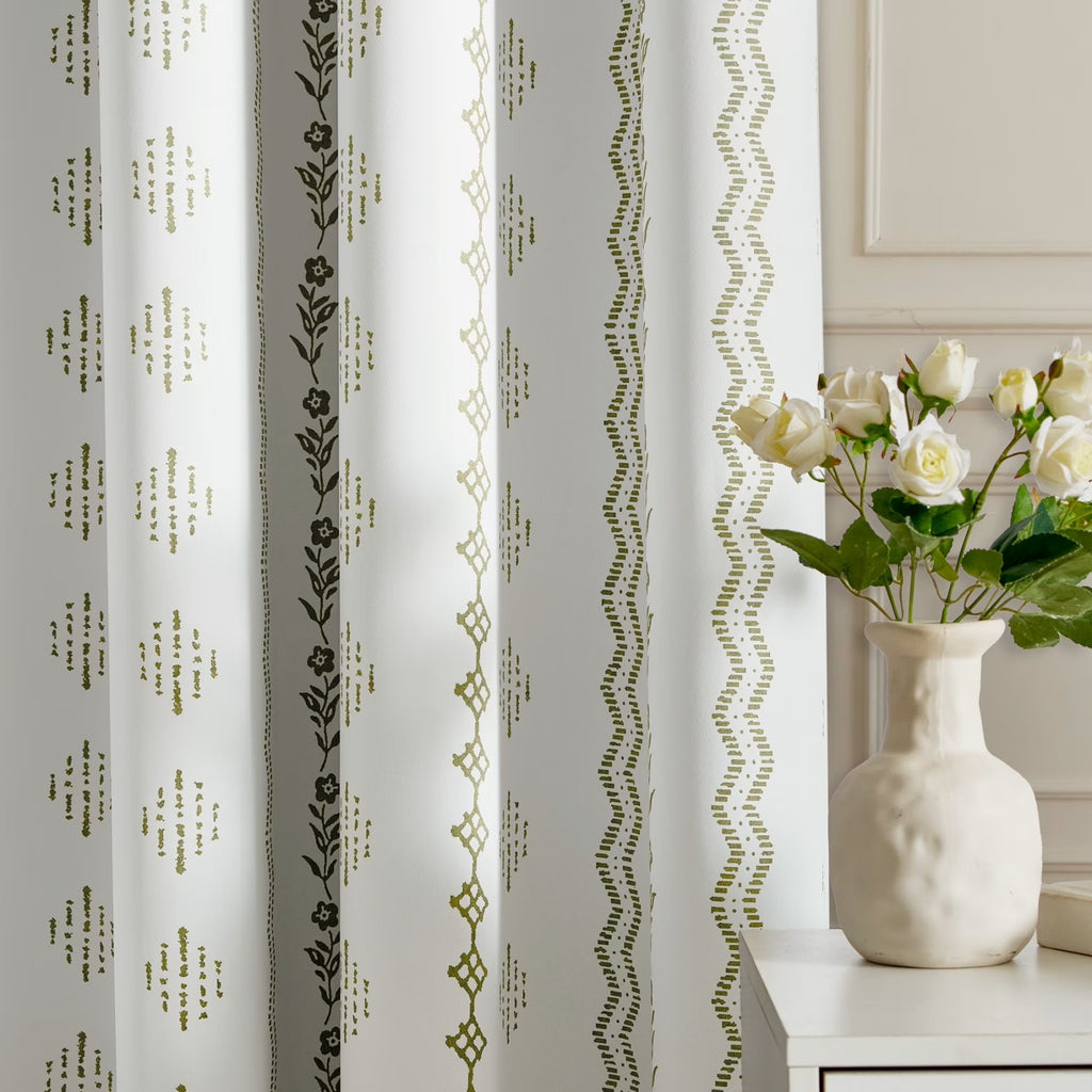 PONY DANCE Rideaux Occultants Bohèmes 100 % - Lot de 2 Panneaux, Vert Sauge Motif Floral Zigzag, Isolation Thermique pour Salon et Chambre, 132 x 245 cm