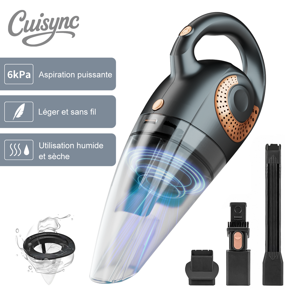 ATSHARK Aspirateur à Main Sans Fil Rechargeable, Puissance d'Aspiration 6000 Pa, Autonomie de 30 min Aspirateur Silencieux pour Voiture/Maison/Animaux, XL-620B