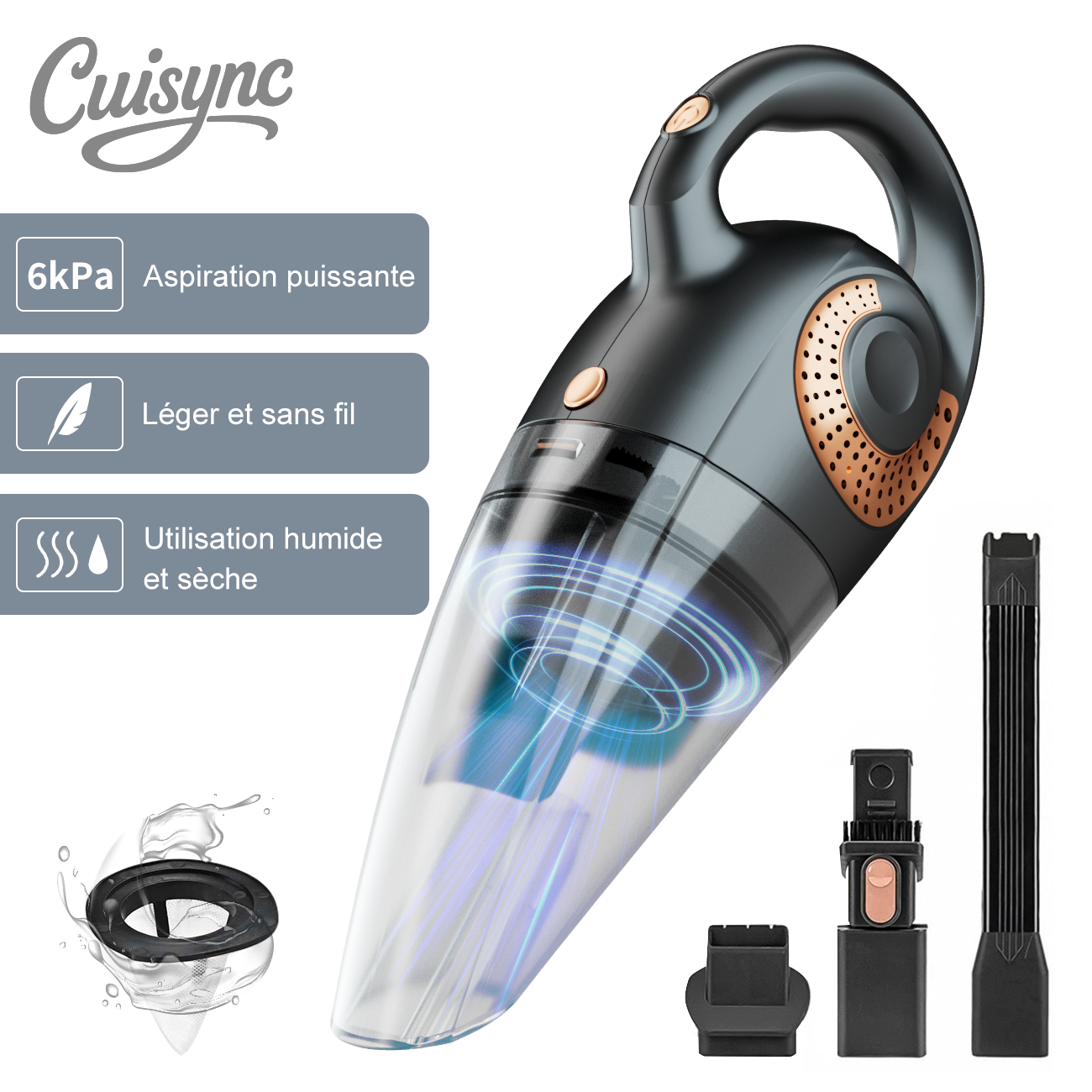 ATSHARK Aspirateur à Main Sans Fil Rechargeable, Puissance d'Aspiration 6000 Pa, Autonomie de 30 min Aspirateur Silencieux pour Voiture/Maison/Animaux, XL-620B