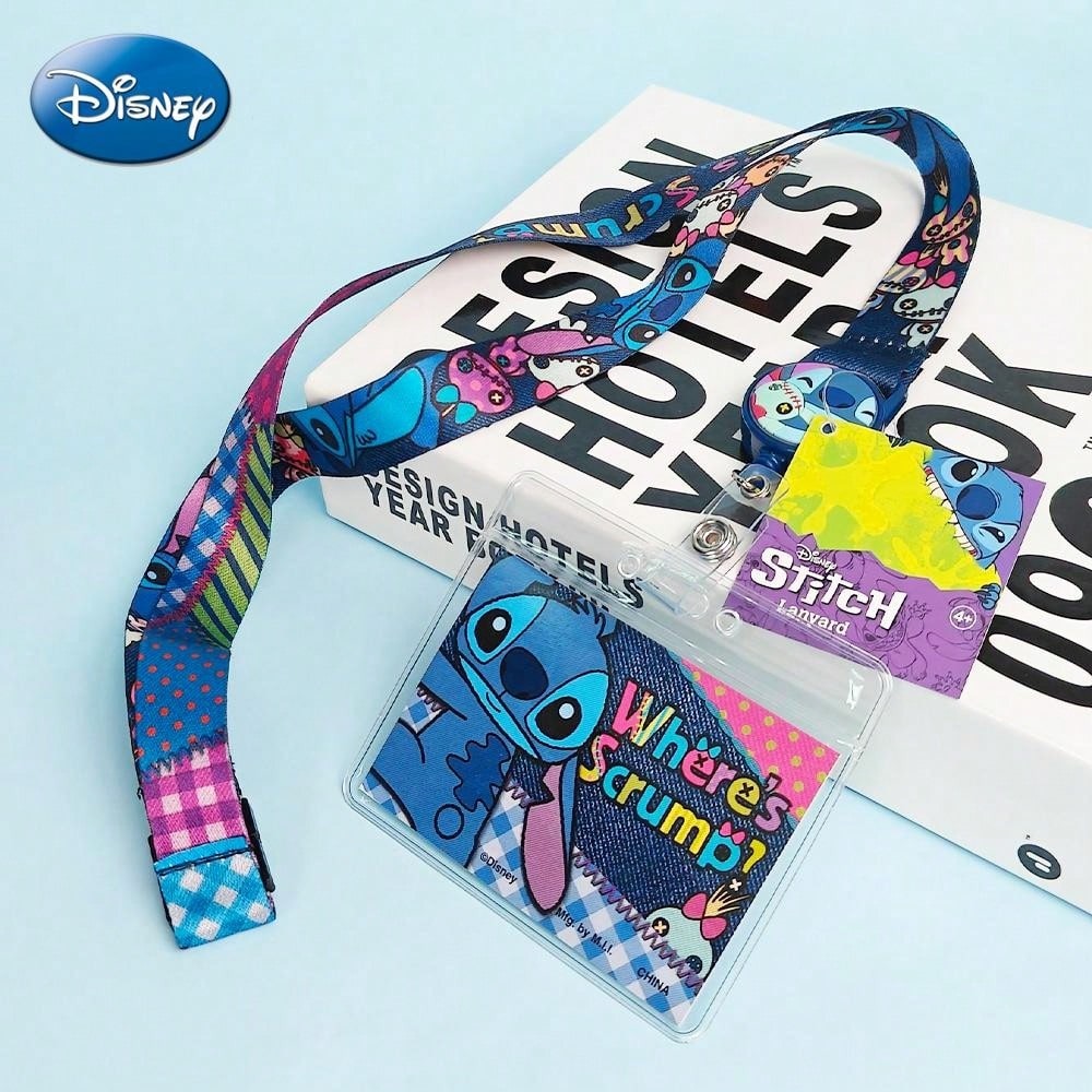 DISNEY 1 pièce Tour de cou rétractable Stitch et porte-carte d'encre, sous licence officielle, Thème Stitch et Scrump, Produit dérivé de films et dessins animés