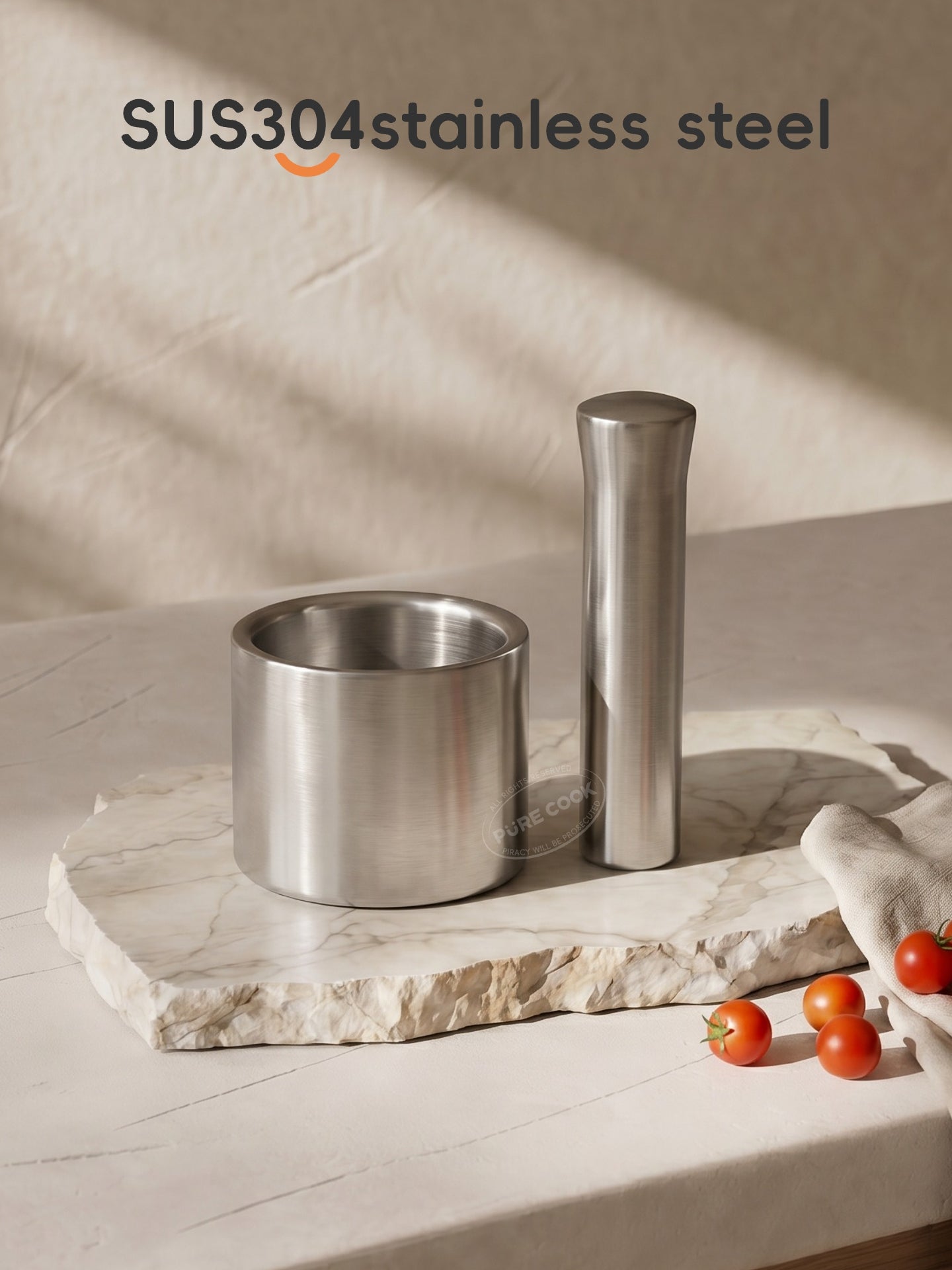PURE COOK Série de gadgets de cuisine,|Mortier et pilon à ail en acier inoxydable 304, lot de 2 pièces,|Outil presse-ail pour la cuisine