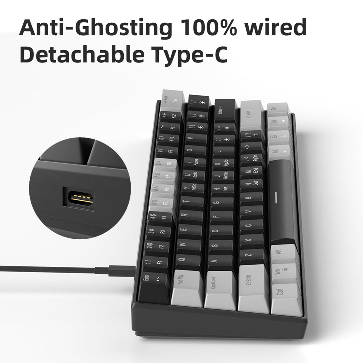 MageGee STAR 61 Clavier gaming filaire 60 % QWERTY US, clavier compact filaire à rétroéclairage LED bleu avec câble USB Type-C détachable