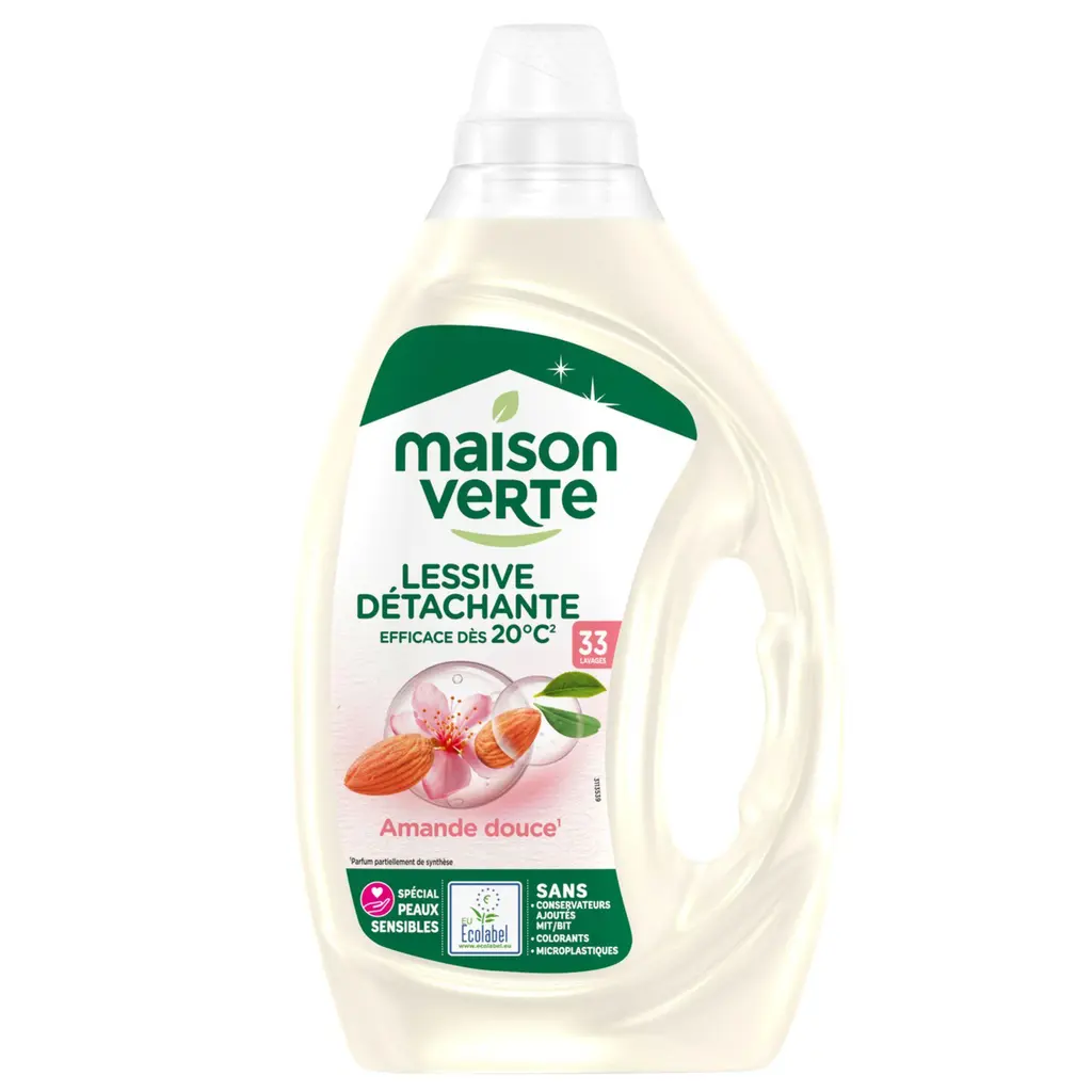MAISON VERTE Lessive liquide peaux sensibles efficace dès 20 °C Amande Douce 33 lavages 1,485 L