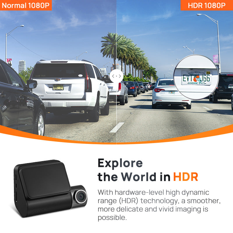 Dashcam 70mai A200, Caméra Frontale 1080P HDR, Enregistrement Fluide 60 FPS, 70mai Night Owl Vision, FOV 130°, Écran IPS 2'', Contrôle via App WiFi, sans carte SD incluse