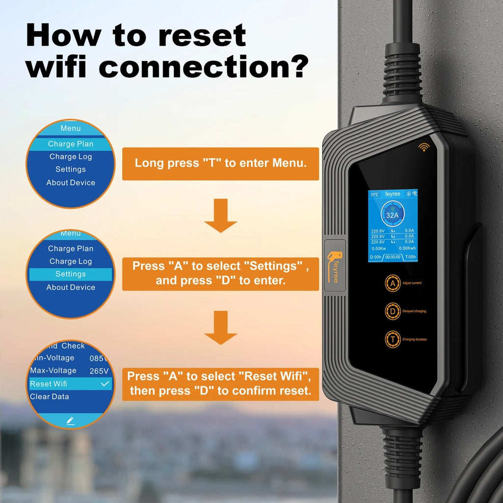 Feyree Chargeur pour véhicule électrique Type 2 32 A 7 kW, charge rapide, contrôle intelligent par application et Wi-Fi, boîtier de charge portable avec support pour chargeur de voiture électrique