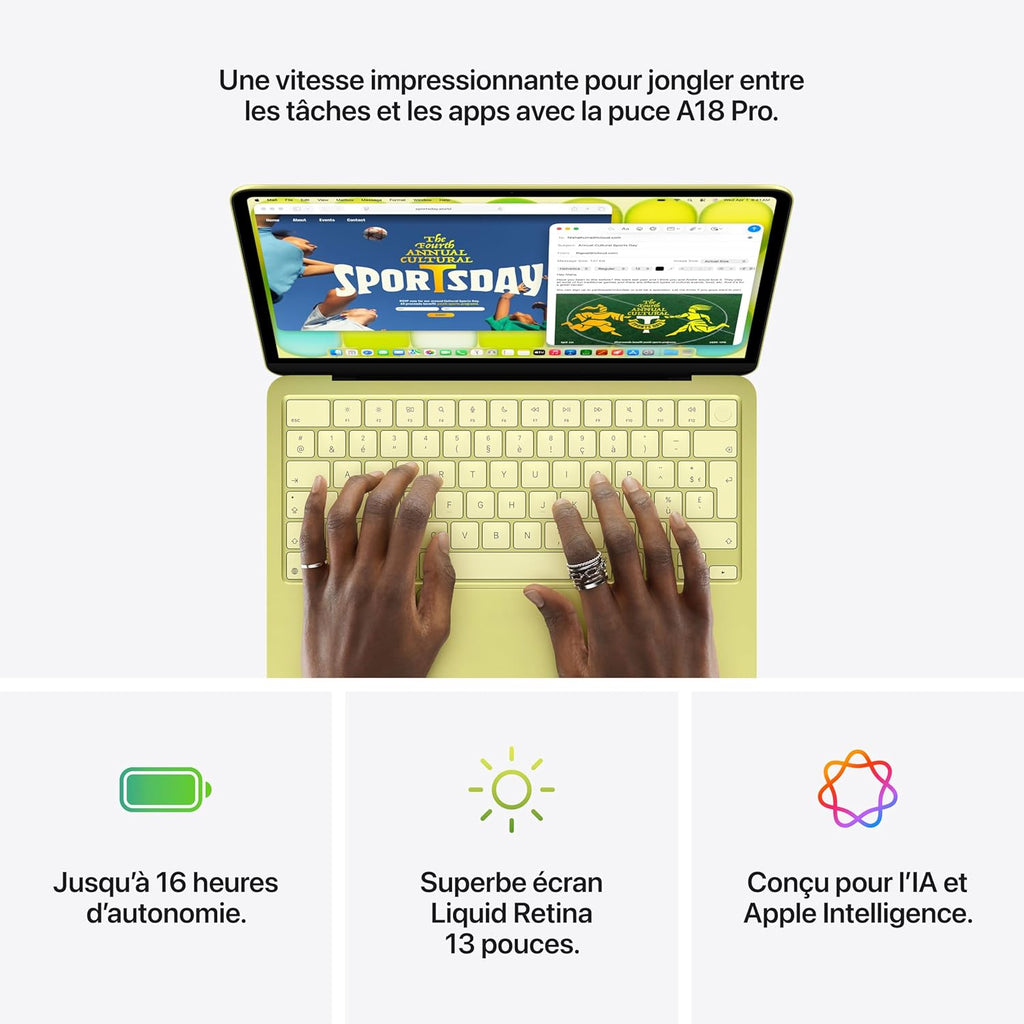 Apple MacBook Neo 13 pouces, 8 Go RAM, 256 Go SSD, Puce A18 Pro avec CPU 6 cœurs et GPU 5 cœurs, Citron, AZERTY