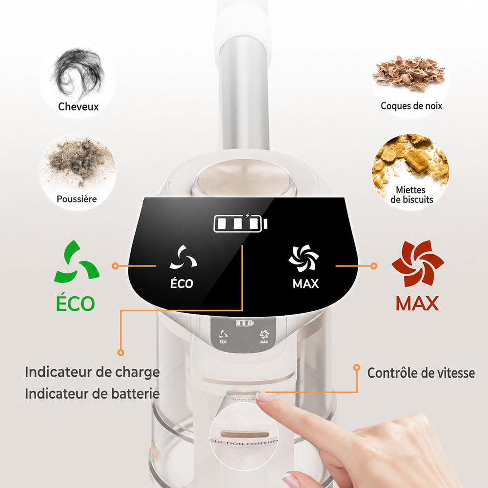 Rouny aspirateur balai sans fil, aspiration puissante 45 kPa, moteur sans balais, affichage LED, contrôle à 2 vitesses, batterie amovible pour le nettoyage de la maison et des poils d'animaux, V14