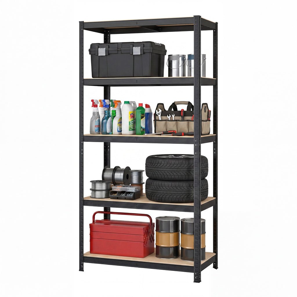 JOYFURNOS Étagère à 5 niveaux, Étagère en acier pour rangement, Montage sans outils, Pour garage, abri, Capacité de charge 600 kg, 50 x 100 x 200 cm, Noir