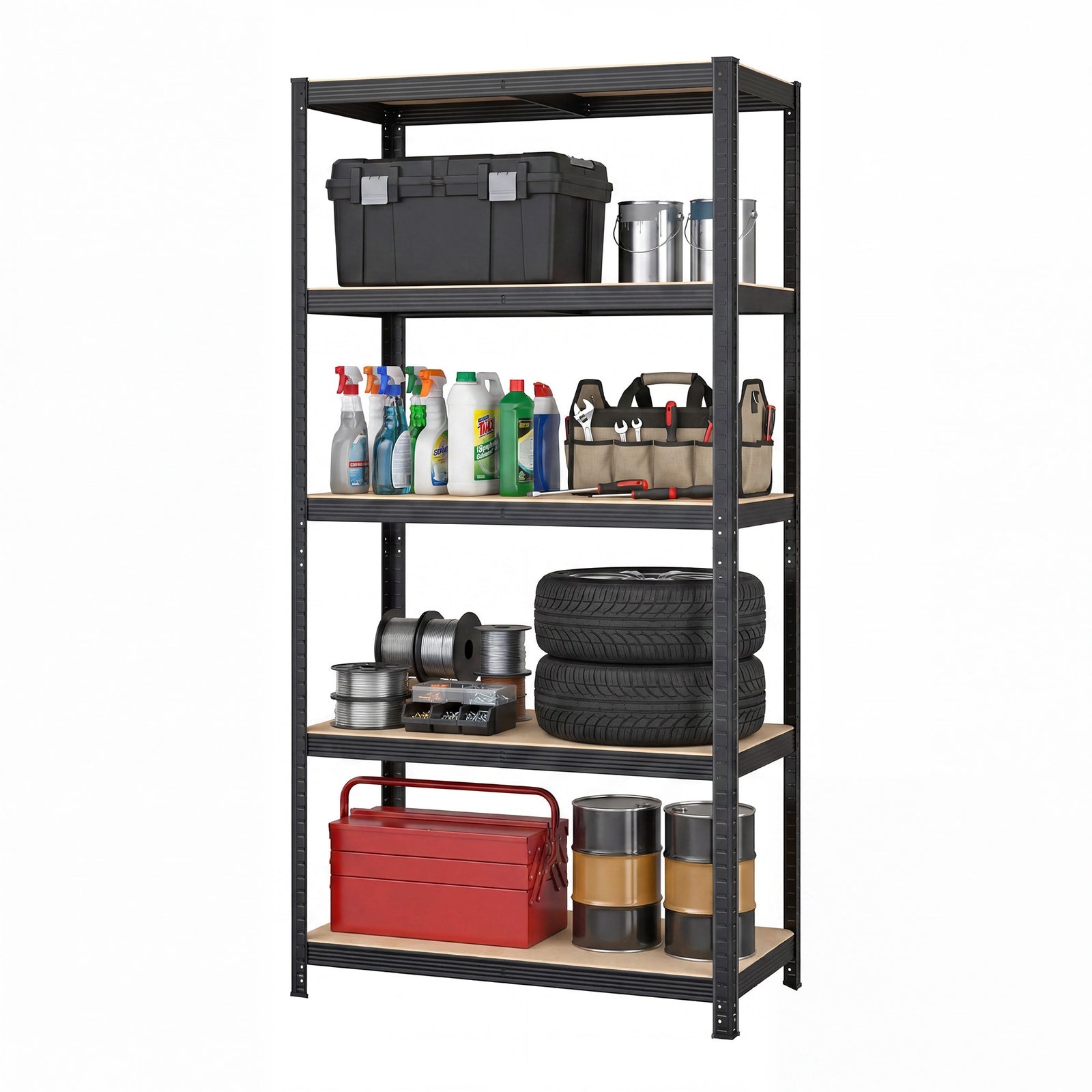 JOYFURNOS Étagère à 5 niveaux, Étagère en acier pour rangement, Montage sans outils, Pour garage, abri, Capacité de charge 600 kg, 50 x 100 x 200 cm, Noir