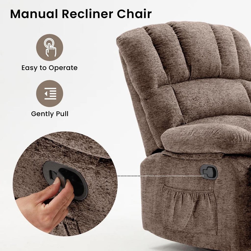 HONEYOU Fauteuil relax pivotant surdimensionné avec cadre OKIN, fauteuil à bascule coulissant 360°, fauteuil relax manuel très rembourré pour salon et chambre, Marron