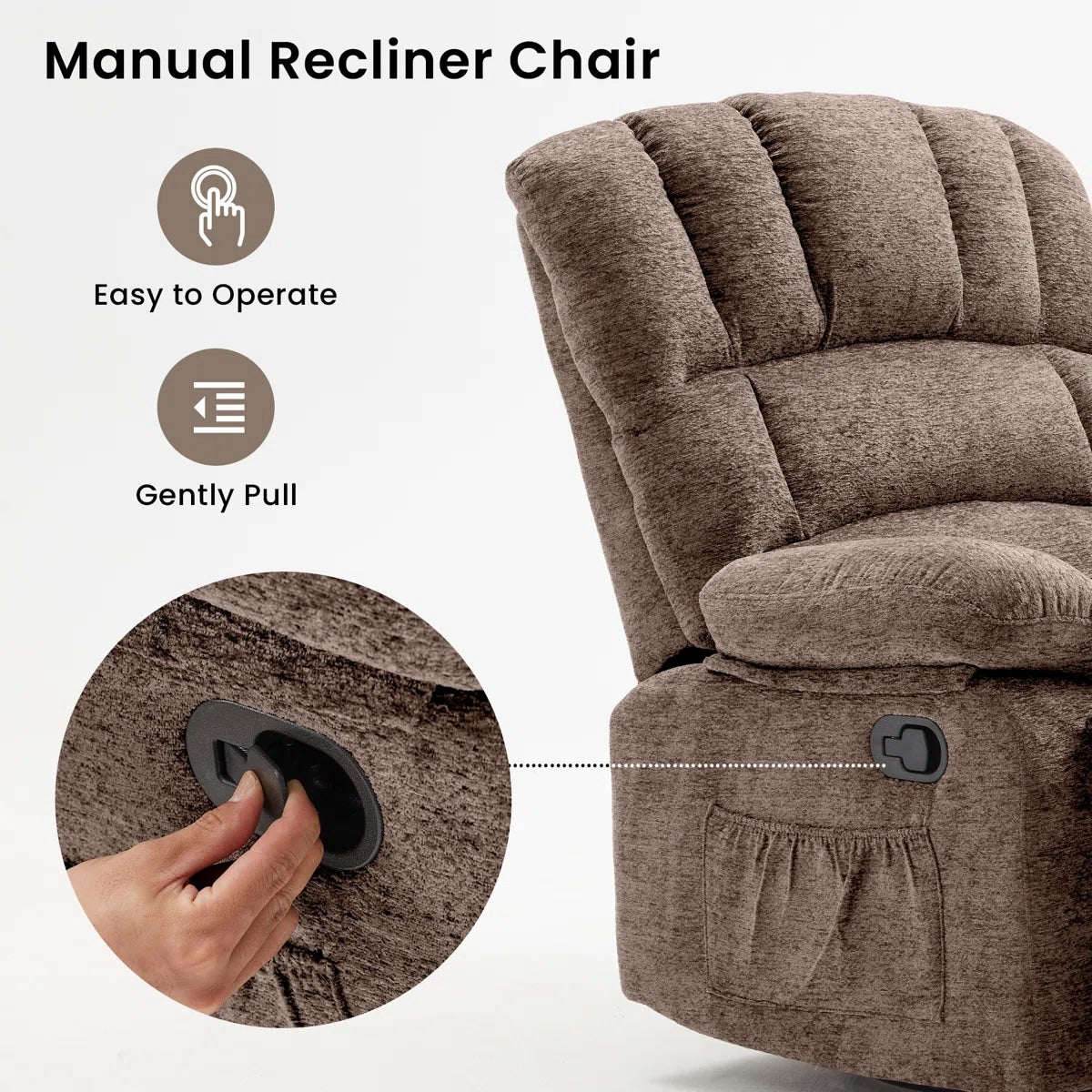 HONEYOU Fauteuil relax pivotant surdimensionné avec cadre OKIN, fauteuil à bascule coulissant 360°, fauteuil relax manuel très rembourré pour salon et chambre, Marron