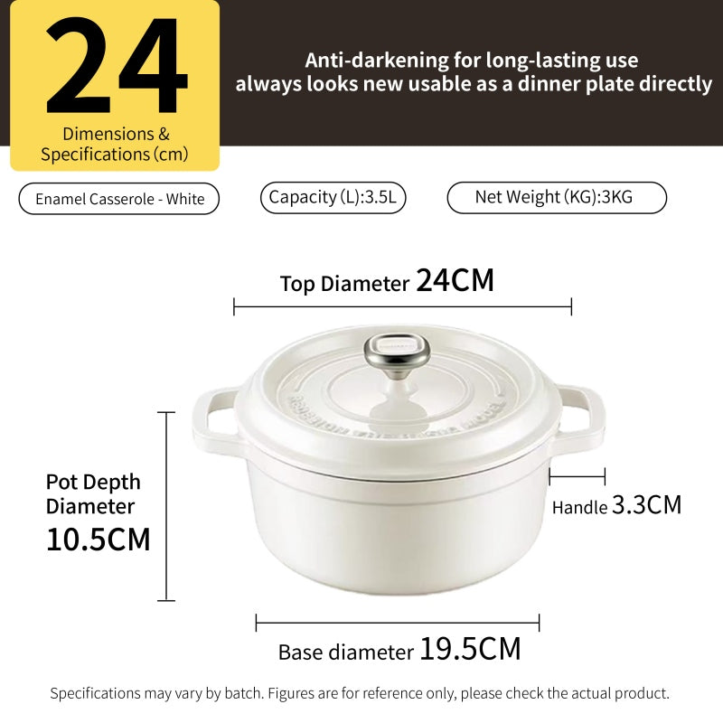 COOKER KING Chuanjia cocotte néerlandaise en fonte émaillée, robuste, chauffe uniforme, maintien de la chaleur longue, ustensile de cuisson, blanc amande, 24 cm