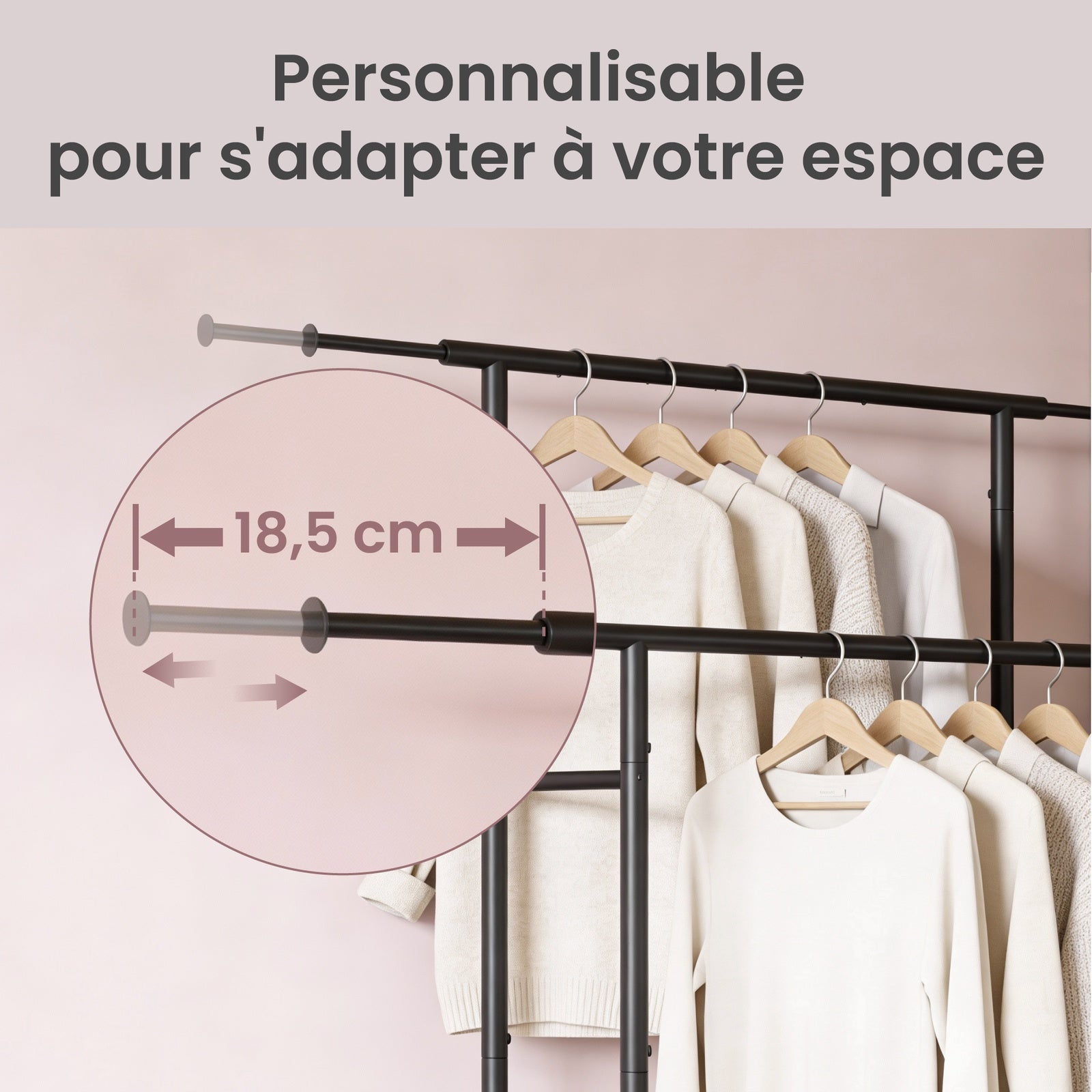 JOYFURNOS Portant à Vêtements Double avec Roulettes, Tringle à Vêtements Réglable, Cadre en Métal Robuste pour Chambre, Charge de 80 kg, Noir