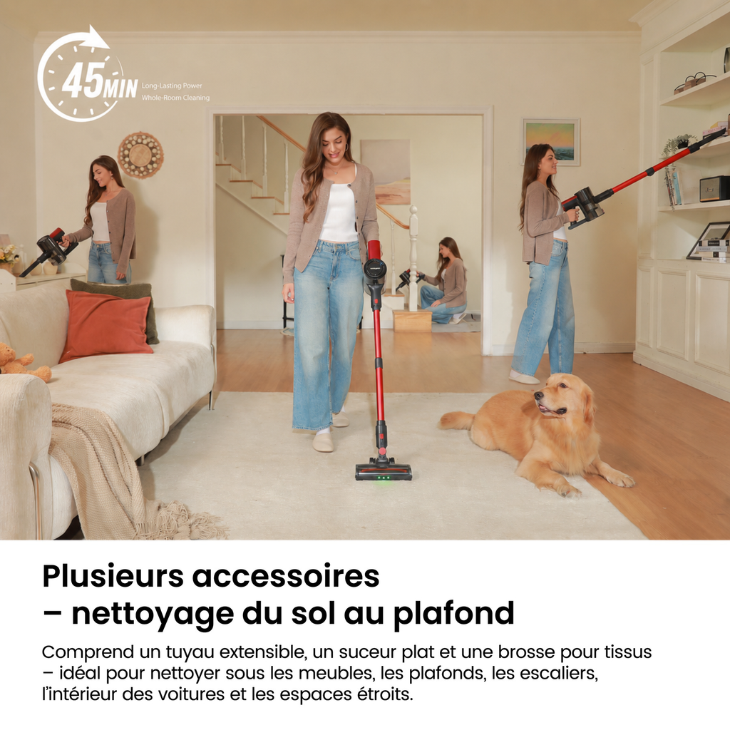 MonsgaClean M100 Aspirateur sans fil rouge, 55000 Pa, 45 min, écran tactile, lumière verte pour révéler la poussière, anti-emmêlement, tient debout tout seul, rechargeable