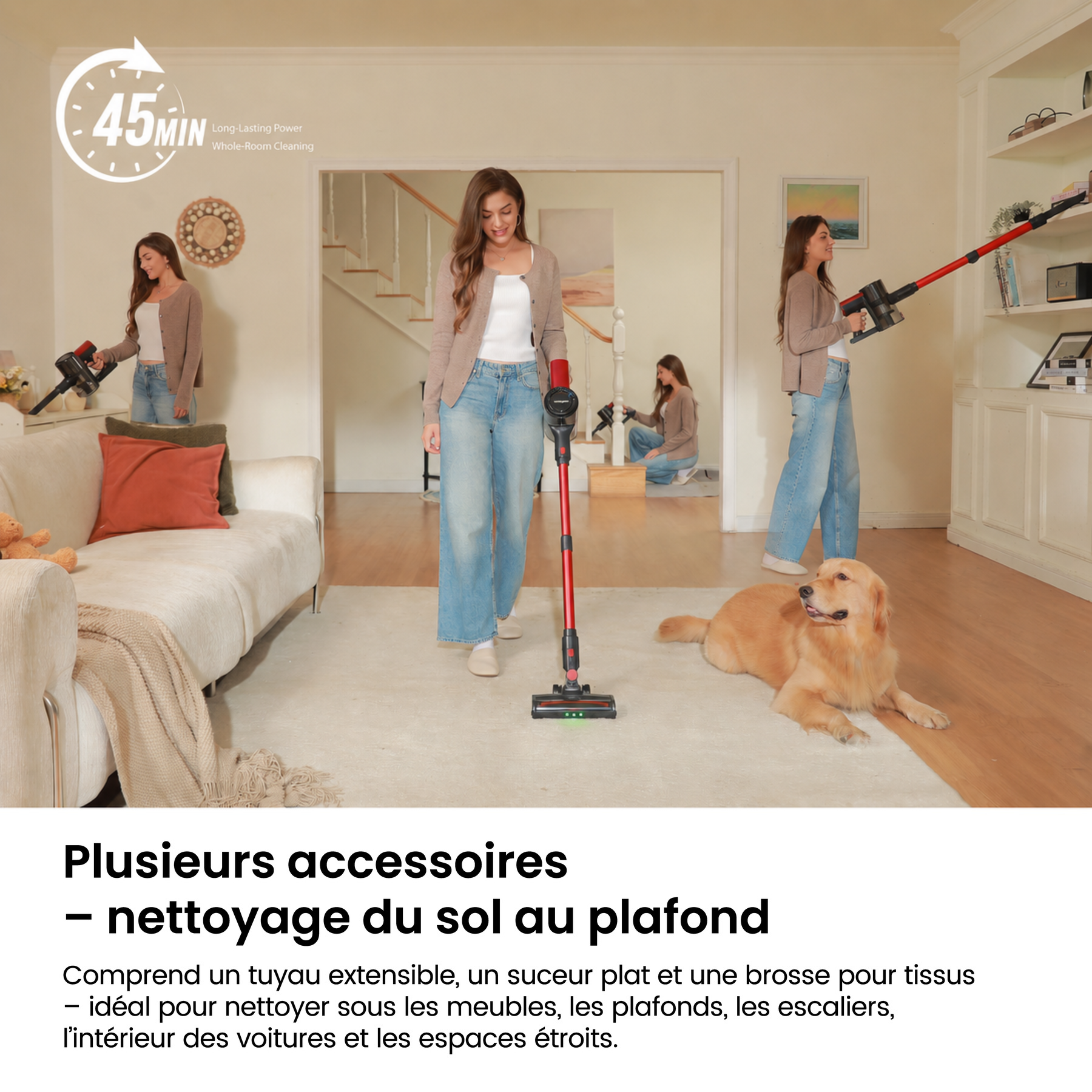 MonsgaClean M100 Aspirateur sans fil rouge, 55000 Pa, 45 min, écran tactile, lumière verte pour révéler la poussière, anti-emmêlement, tient debout tout seul, rechargeable