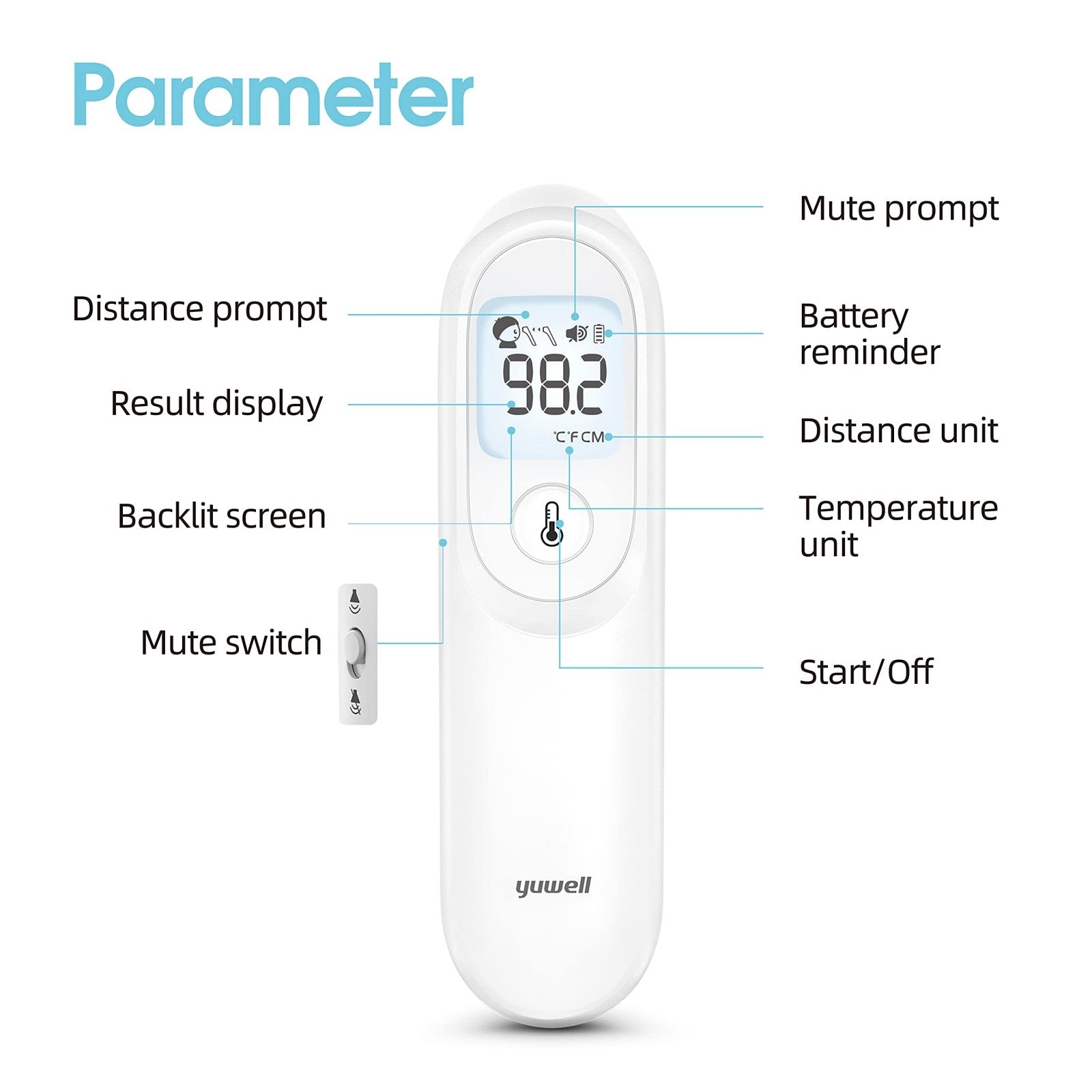 yuwell Thermomètre frontal pour adultes et enfants | Qualité médicale, thermomètre numérique sans contact, adapté aux bébés | Mesure en 1 s, alerte de température élevée, grand écran