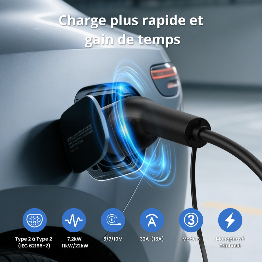 GONEO 7KW Câble de recharge Type 2 32A monophasé certifié TÜV soudure ultrasons connecteur plaqué argent IP54 étanche ignifugé PA66+TPU avec étui - 7 m
