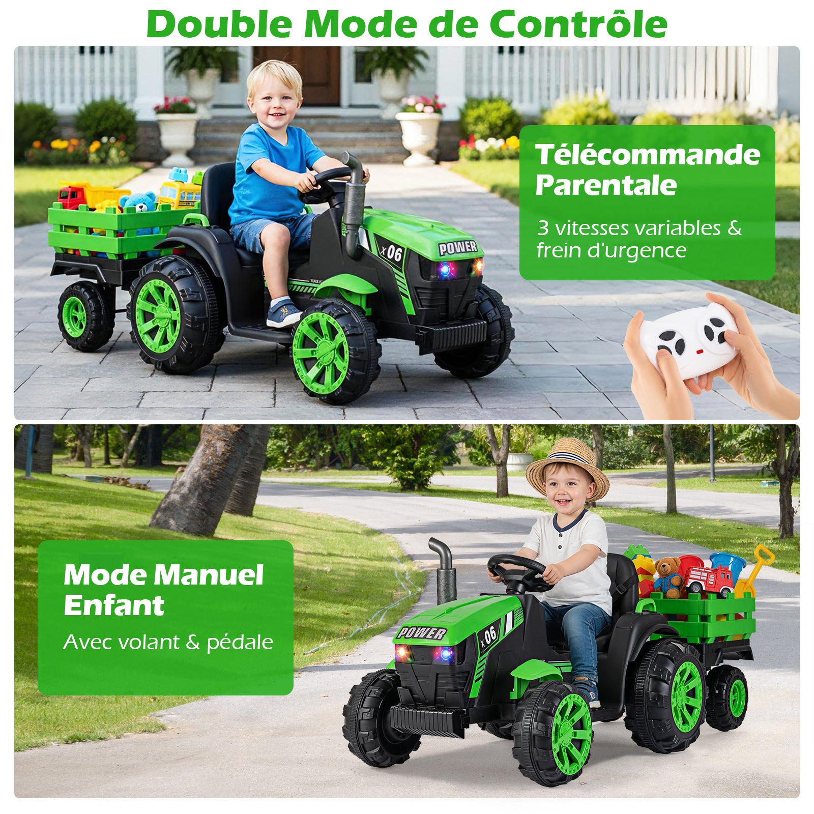 Costway Tracteur électrique pour enfants 24 V avec phares LED RVB, Musique et port USB, Remorque de tracteur électrique et télécommande parentale, Vert