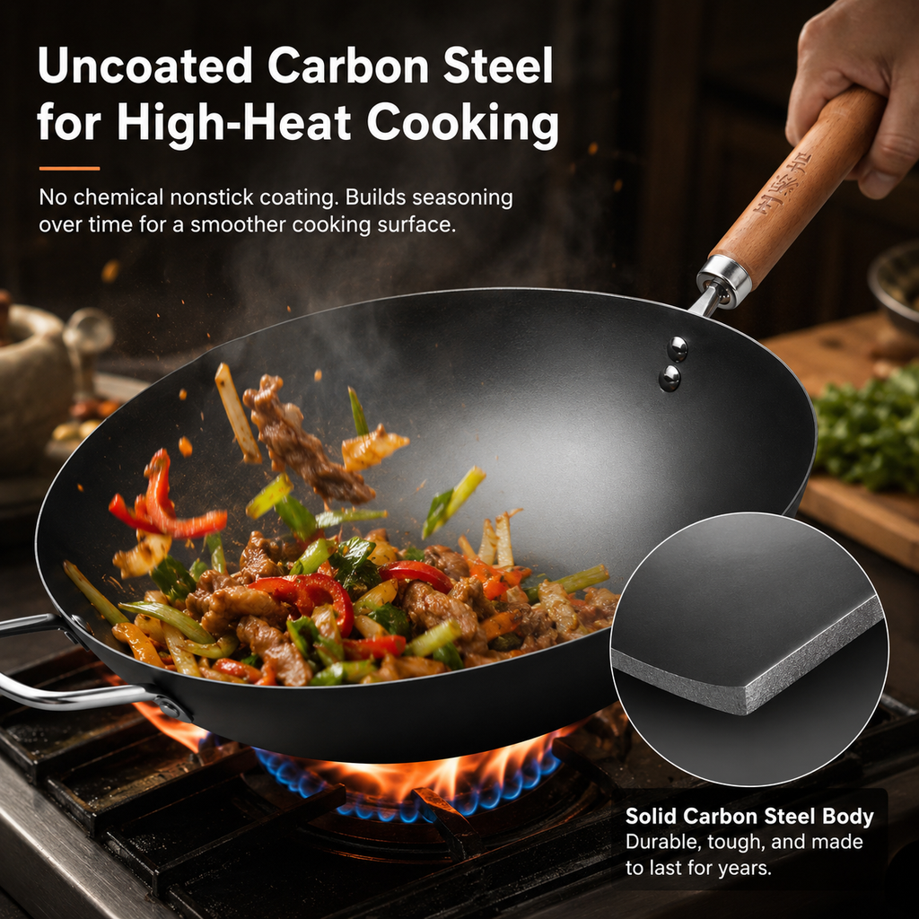 WANGYUANJI 12,6" Wok léger en acier au carbone, wok en fer chinois avec couvercle en verre - Fond plat texturé nid d'abeille pour antiadhésif physique, compatible avec tous les feux