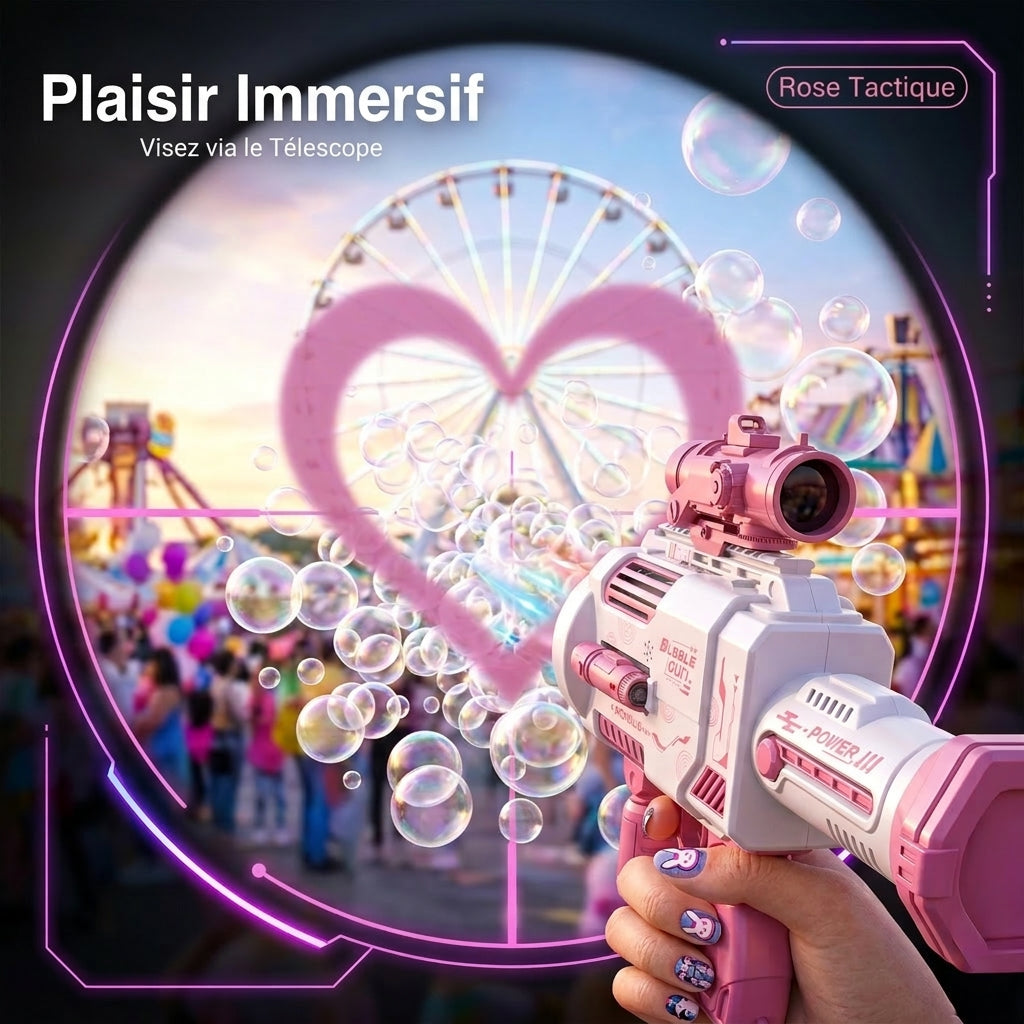 Pistolet à bulles Gatling rose Tokky, machine à bulles automatique à 48 trous avec lumières LED colorées, chargement USB et conception étanche à 360 degrés, jouet tactique pour filles