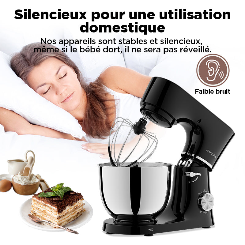 AUCMA ASM1559 Robot pâtissier 6 L 450 W 6 vitesses à tête inclinable avec bol en acier inoxydable SUS304, crochet pétrisseur, fouet, batteur et couvercle anti-éclaboussures, Noir