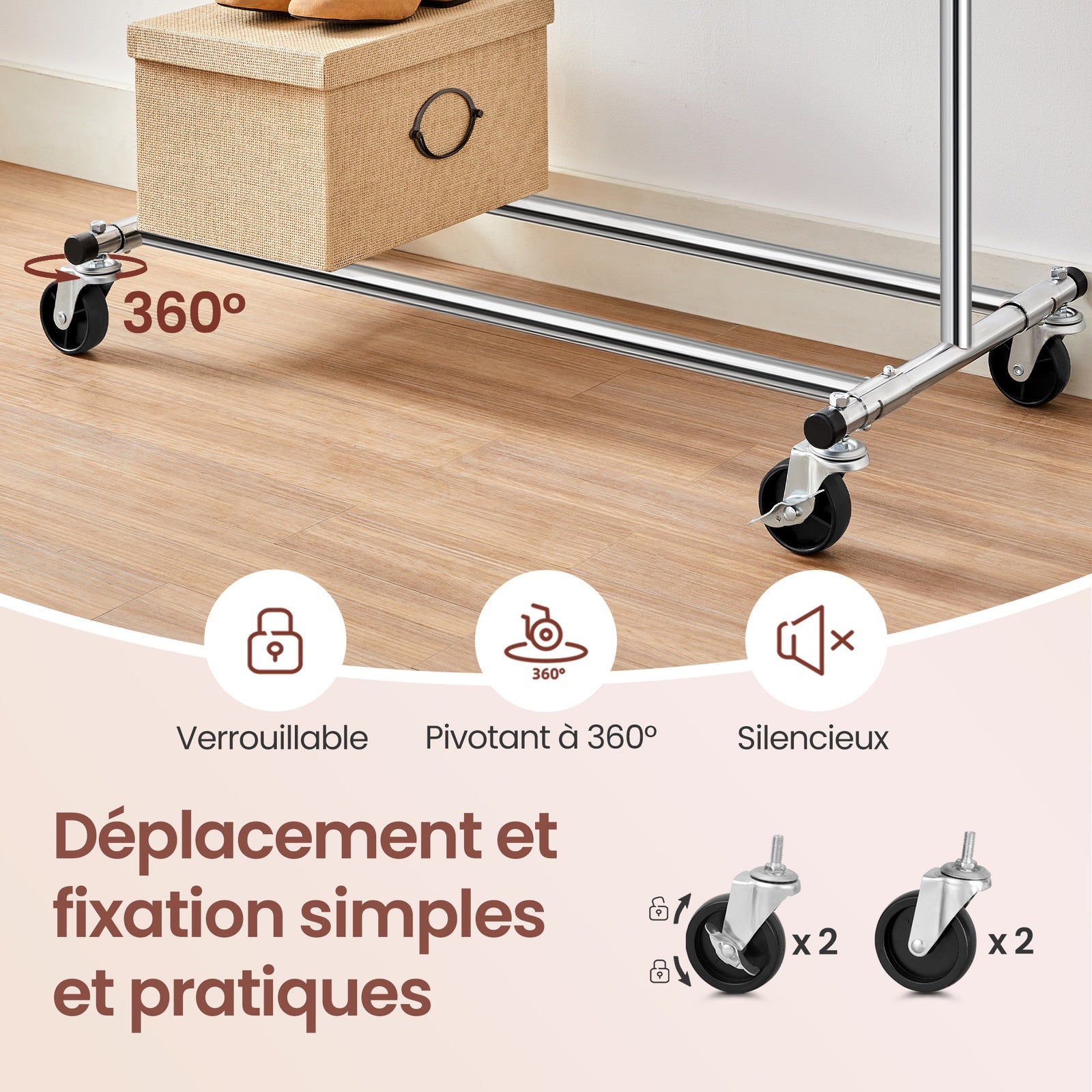 JOYFURNOS Portant à Vêtements sur Roulettes, Tringle à Vêtements Robuste, 45 x (92-132) x 161,5 cm, avec Tringle Extensible, Capacité de Charge 100 kg, Portable, Argent