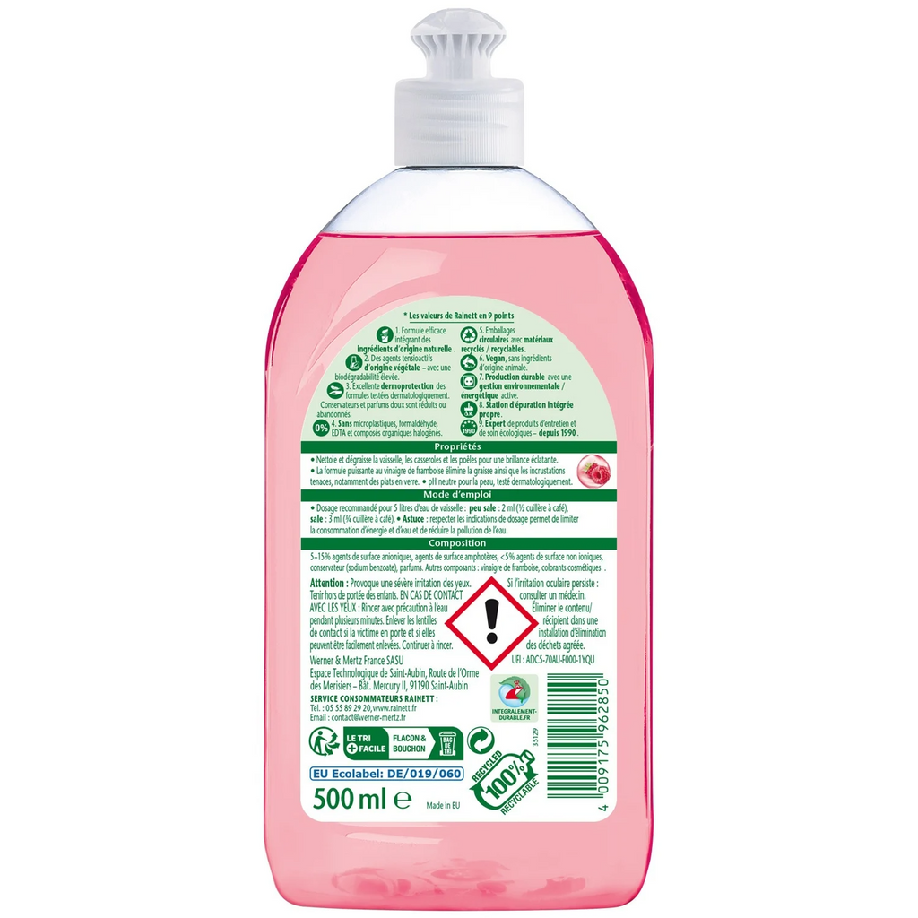 Rainett Liquide Vaisselle Écologique Super Dégraissant Vinaigre de Framboise 500 ml